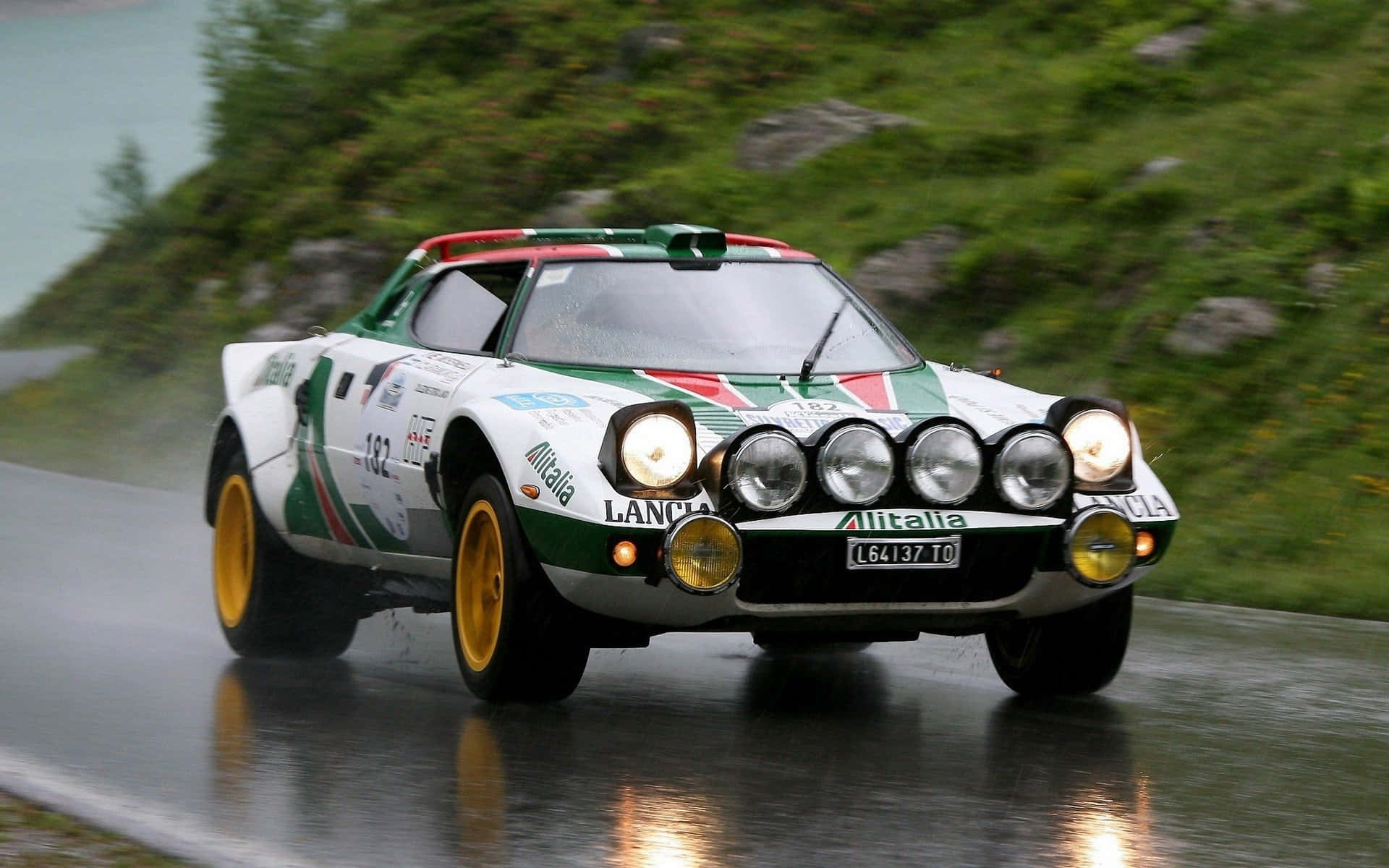 Lancia Stratos, white green and red, yellow wheels, Full HD Desktop Wallpaper