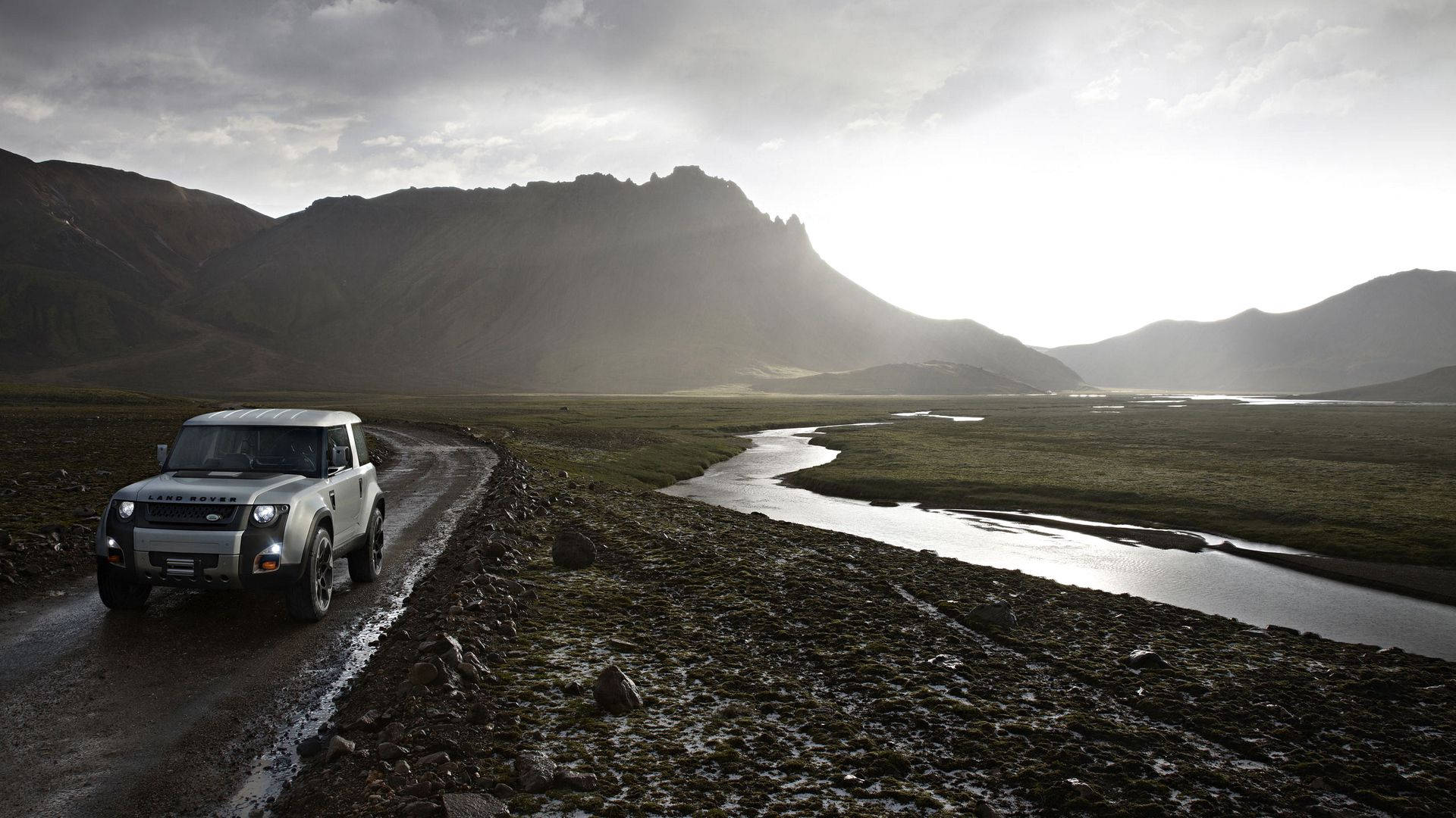 Land Rover Defender, silver, muddy track, Full HD Desktop Wallpaper