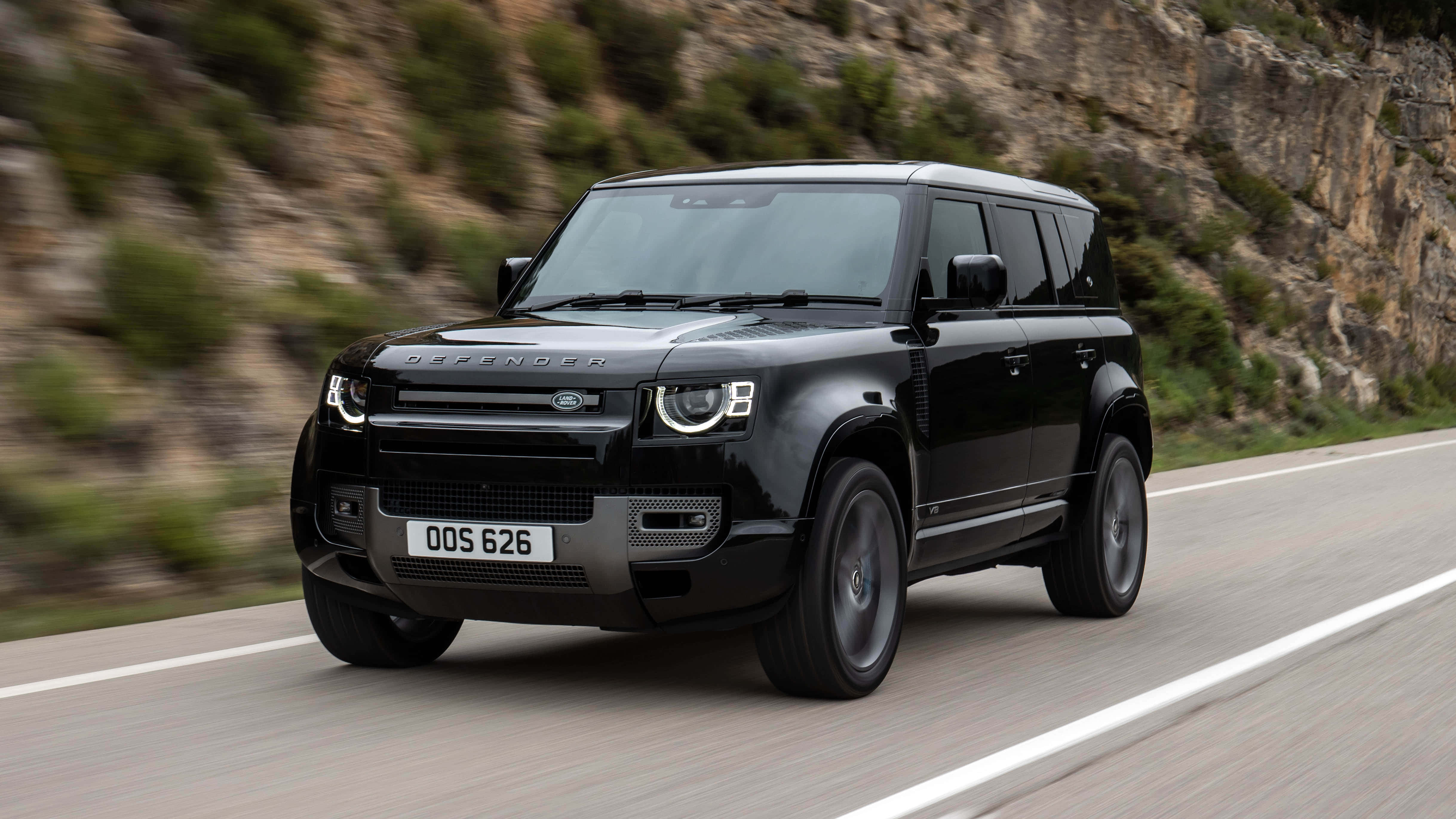 Land Rover Defender, black, mountain road, 4K Desktop Wallpaper