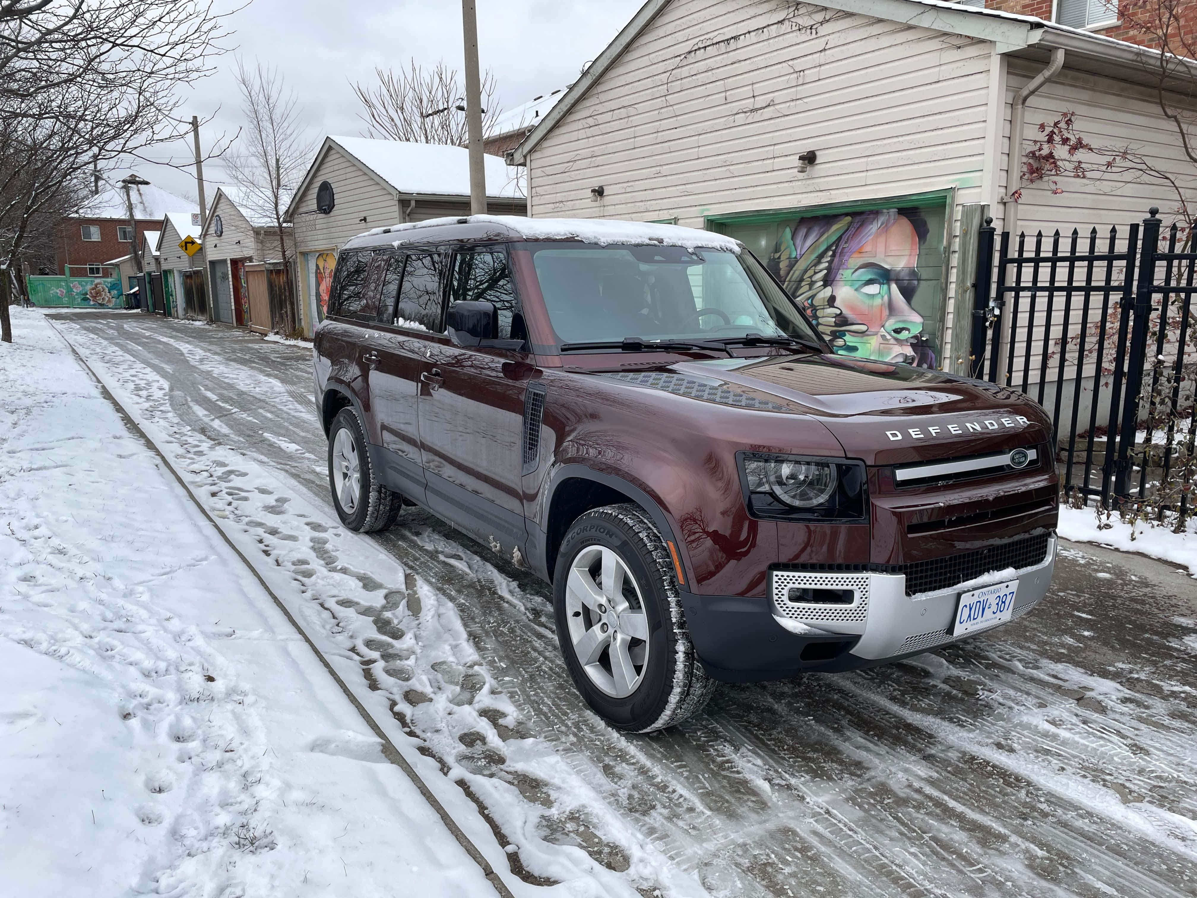 Land Rover Defender, maroon, snow-dusted residential street, 4K Desktop Wallpaper