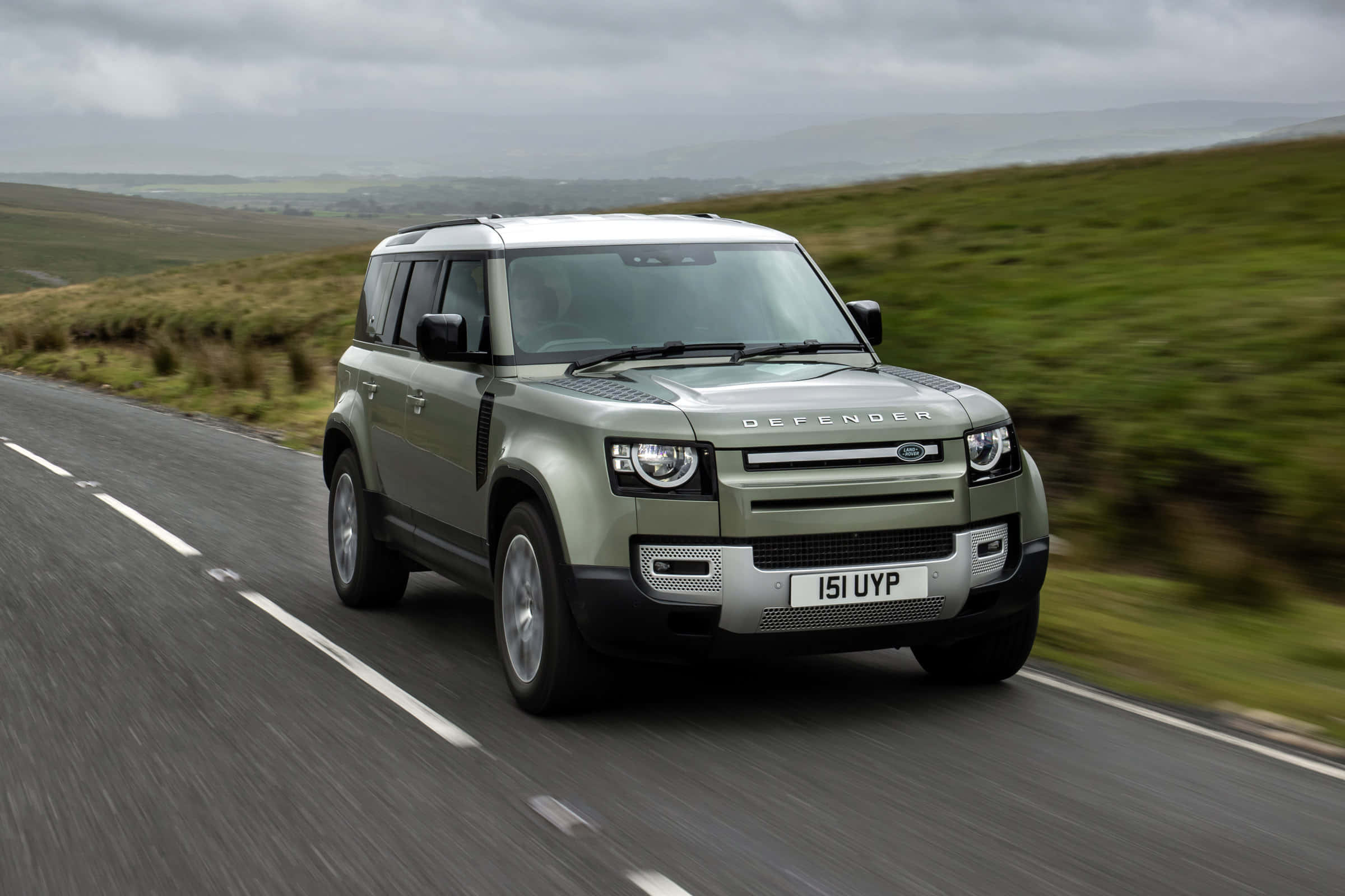 Land Rover Defender, matte green, winding rural road, Full HD Desktop Wallpaper