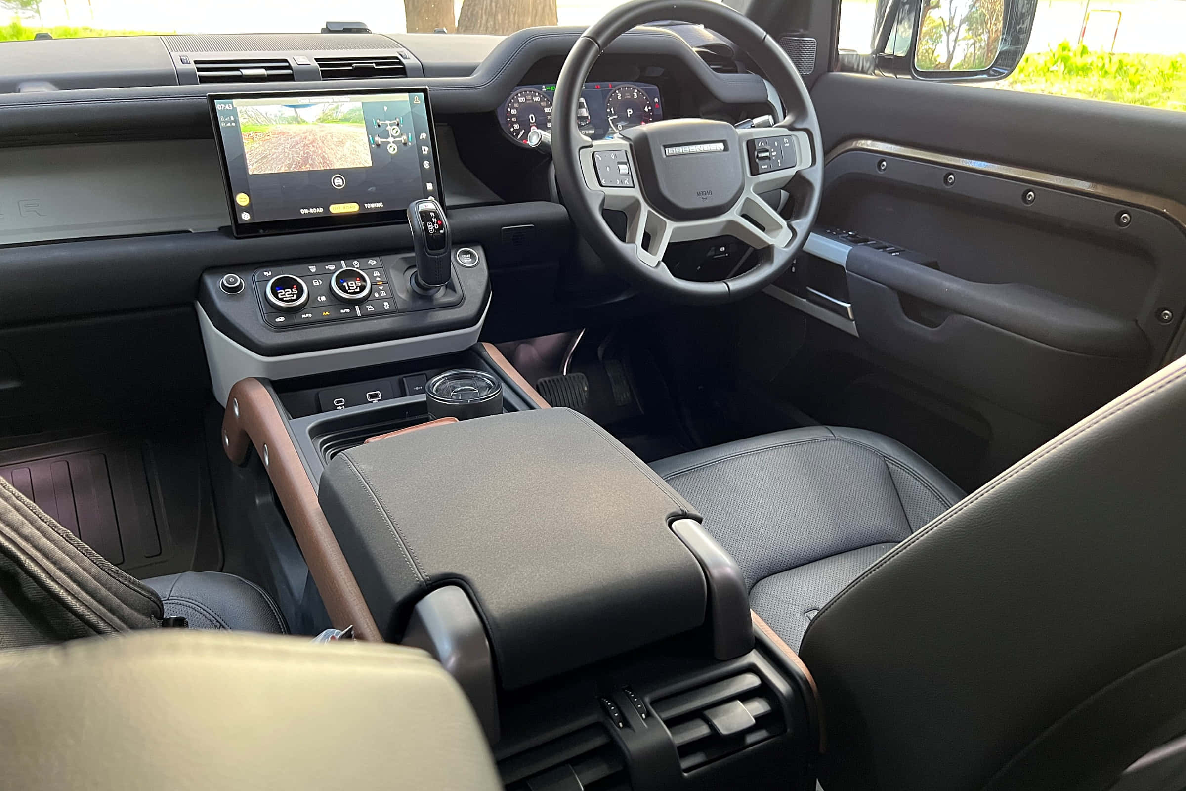 Land Rover Defender, black leather seats, wood trim, Full HD Desktop Wallpaper