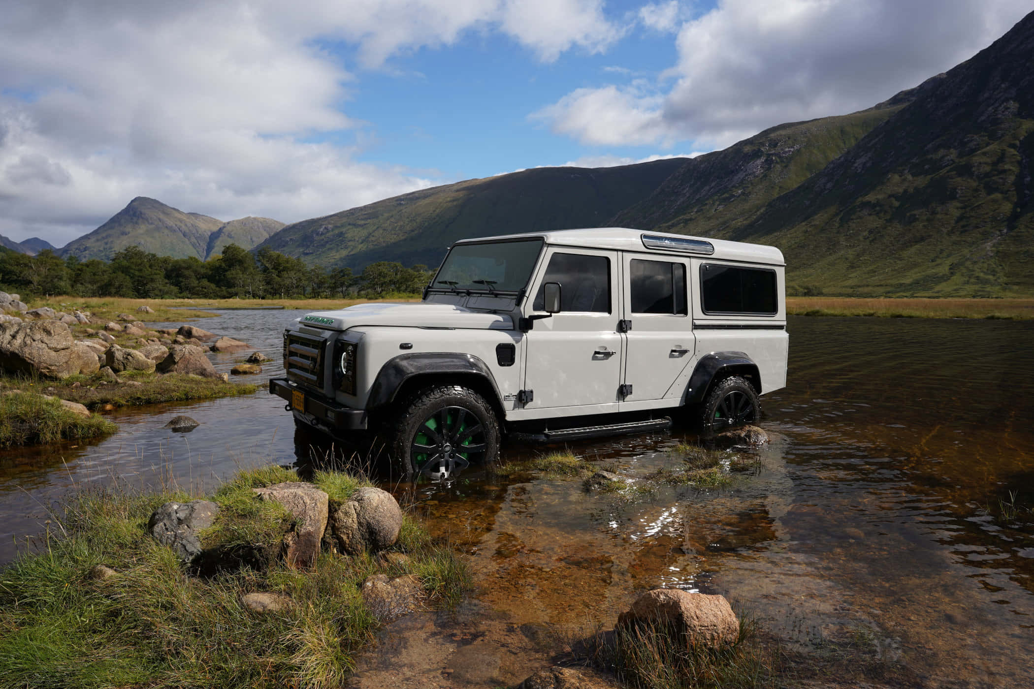 Land Rover Defender, white, shallow mountain stream, Full HD Desktop Wallpaper