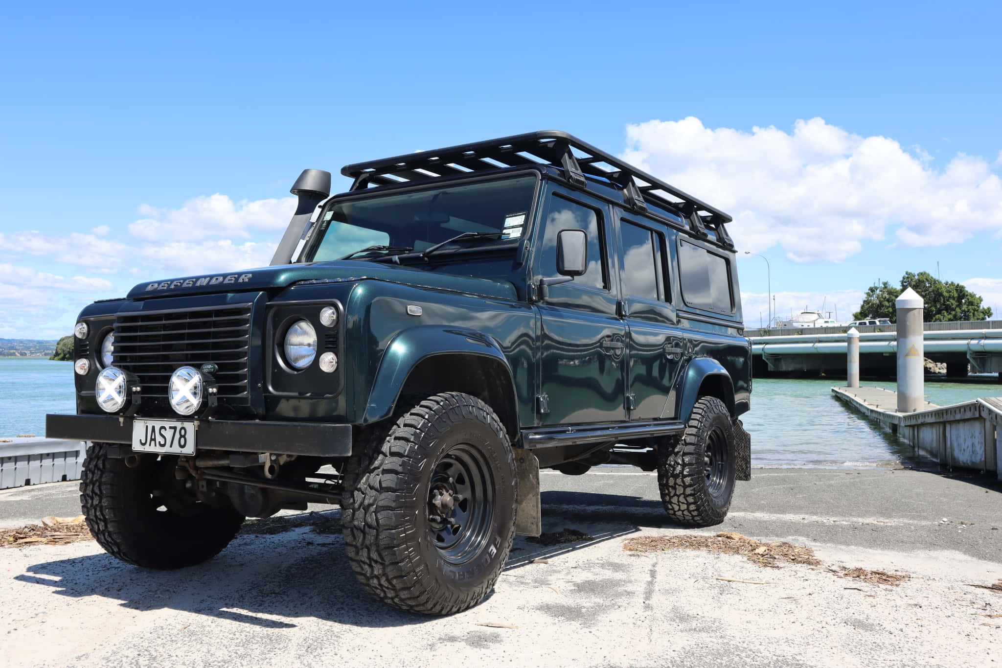 Land Rover Defender, dark green, roof rack, Full HD Desktop Wallpaper