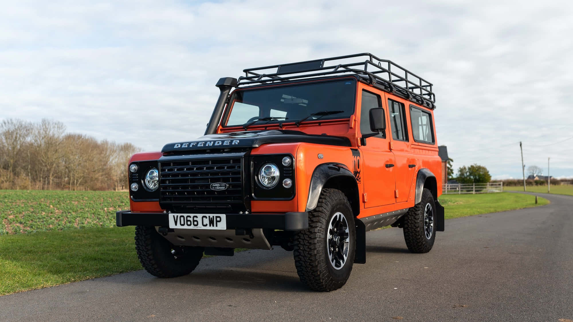 Land Rover Defender, orange, black roof rack, Full HD Desktop Wallpaper