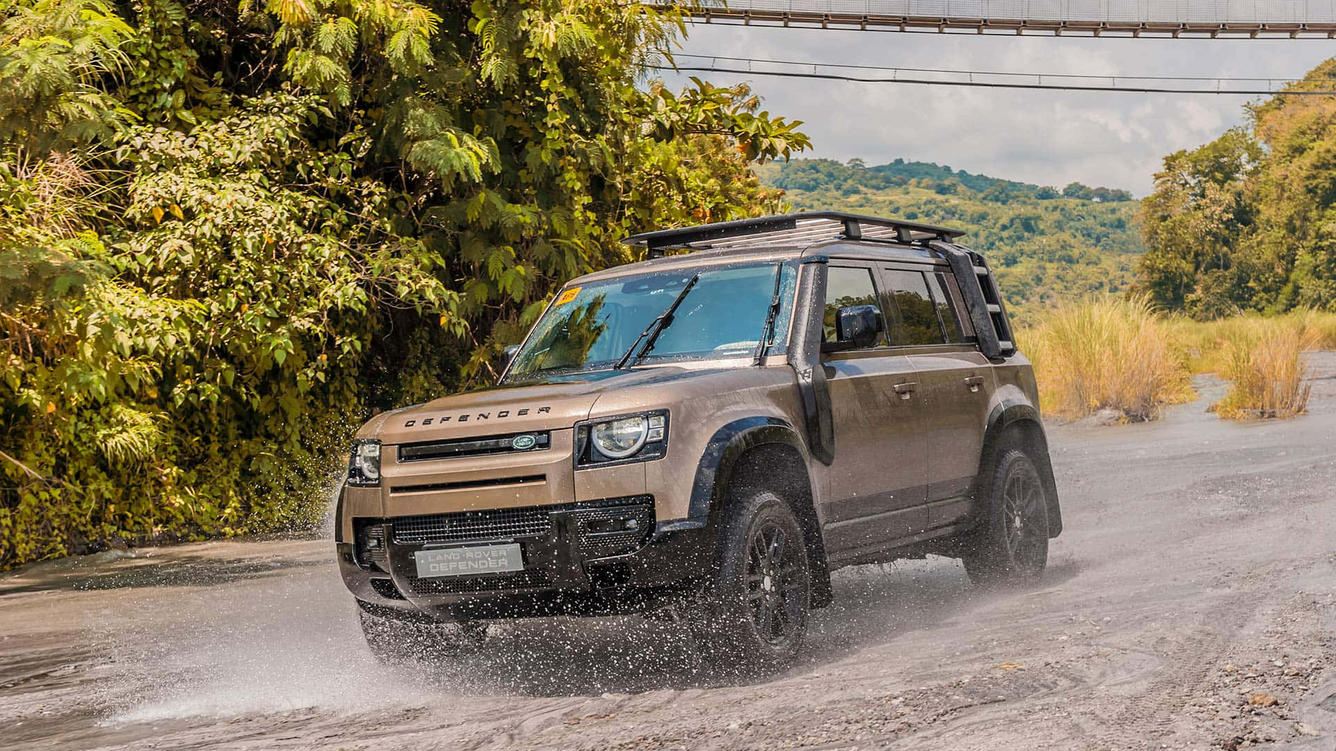 Land Rover Defender, tan, muddy water, Full HD Desktop Wallpaper