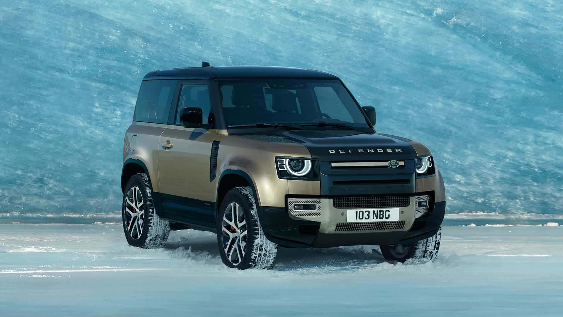 Land Rover Defender, gold and black, snowy terrain, Full HD Desktop Wallpaper