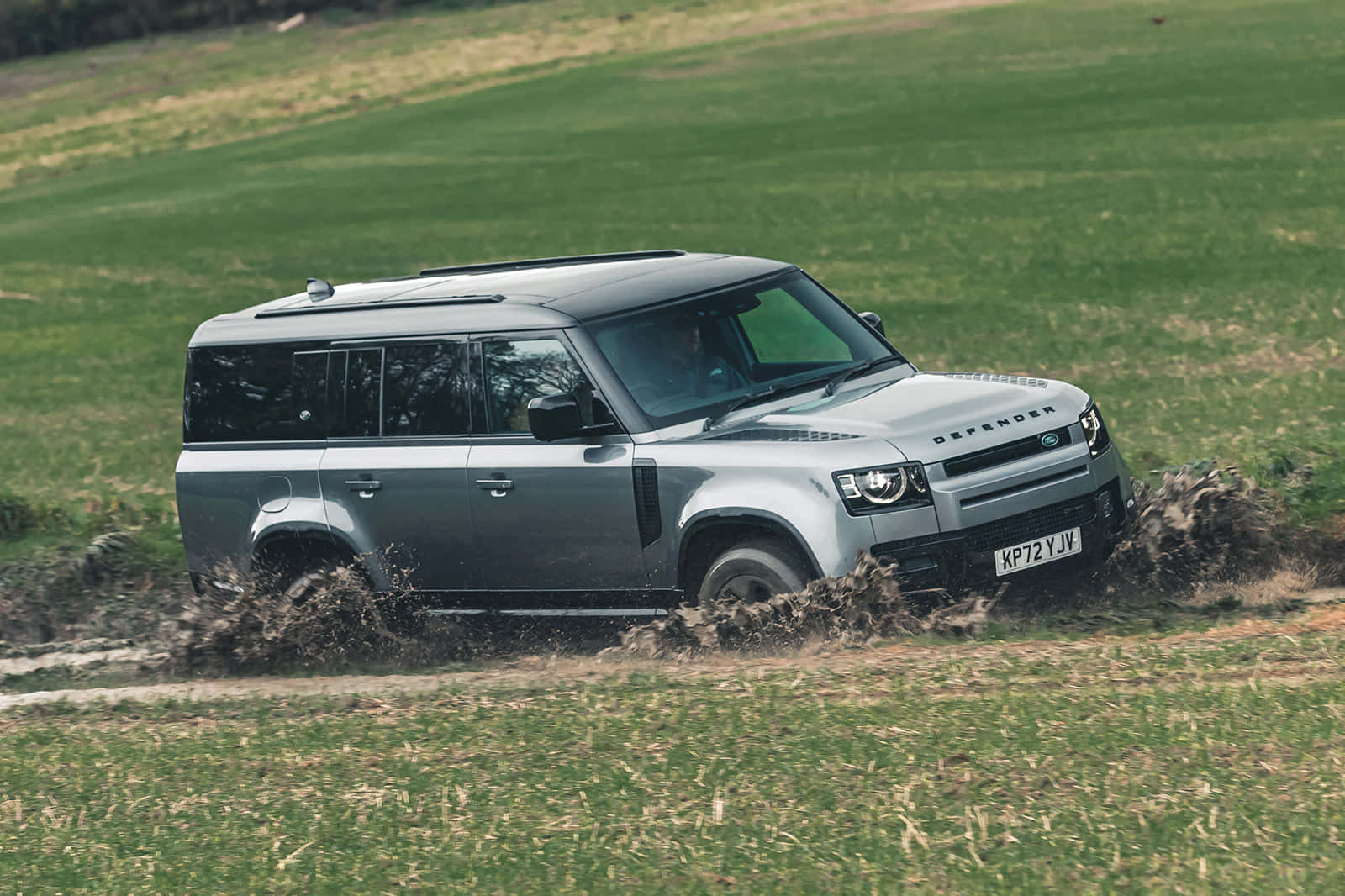 Land Rover Defender, silver, muddy terrain, HD Desktop Wallpaper