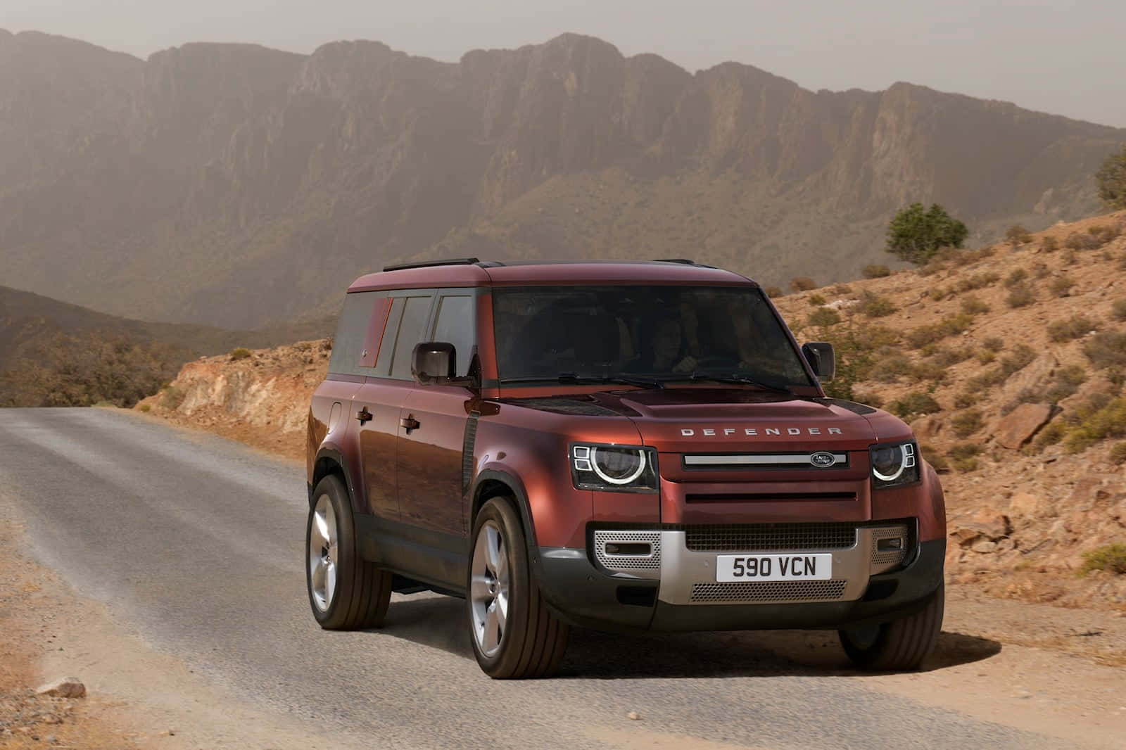 Land Rover Defender, maroon, winding mountain road, HD Desktop Wallpaper