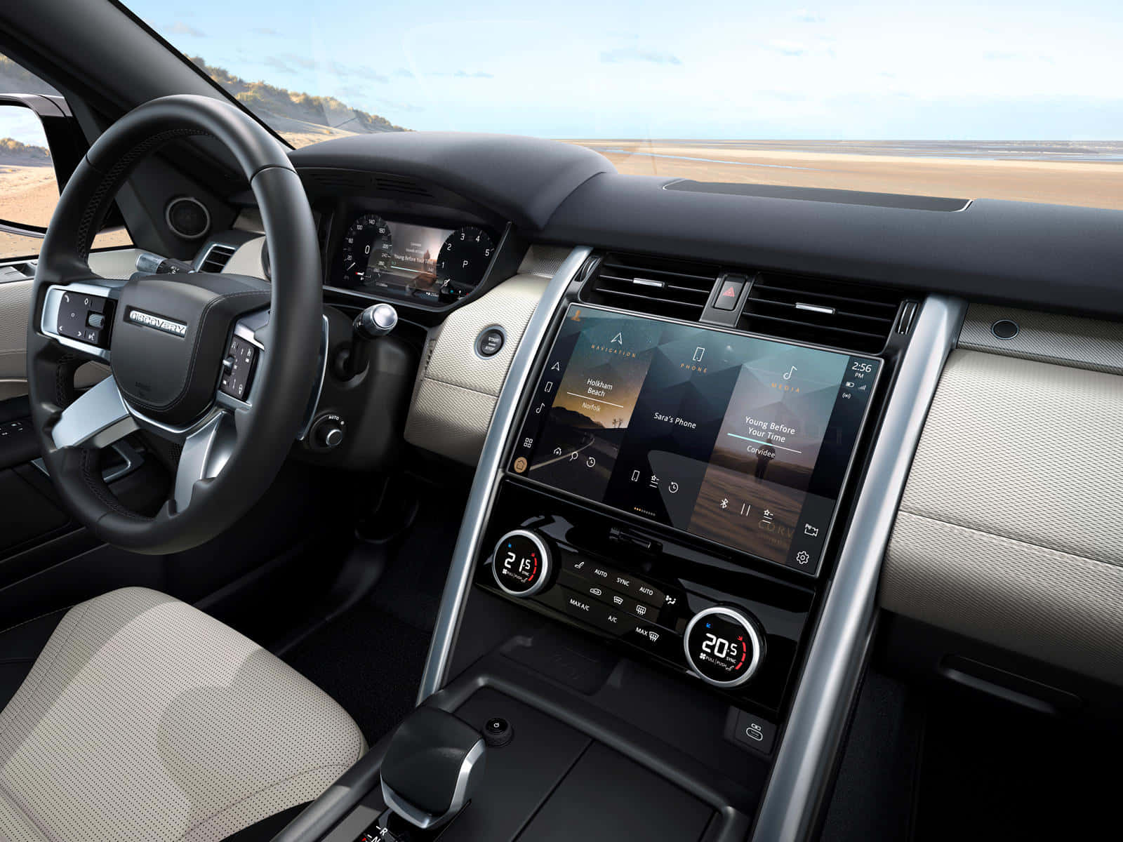 Land Rover Discovery, beige leather seats, digital dashboard, HD Desktop Wallpaper