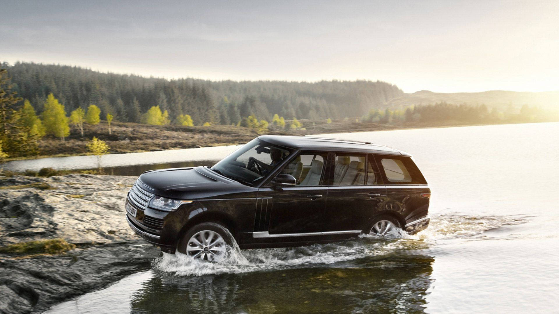 black Land Rover, shallow water, forested lakeshore, Full HD Desktop Wallpaper