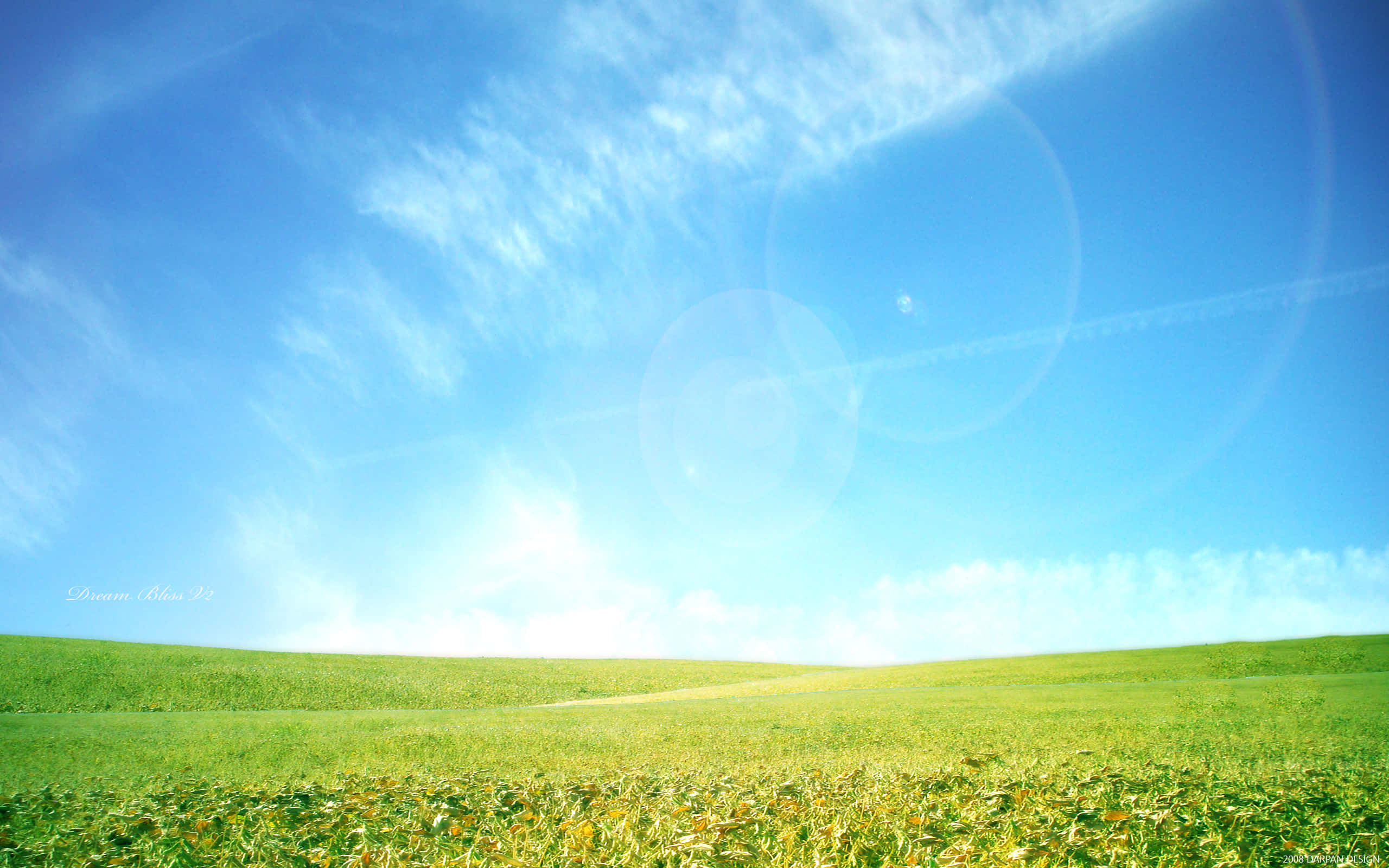 vast green field, bright blue sky, sun flares, 2K Desktop Wallpaper