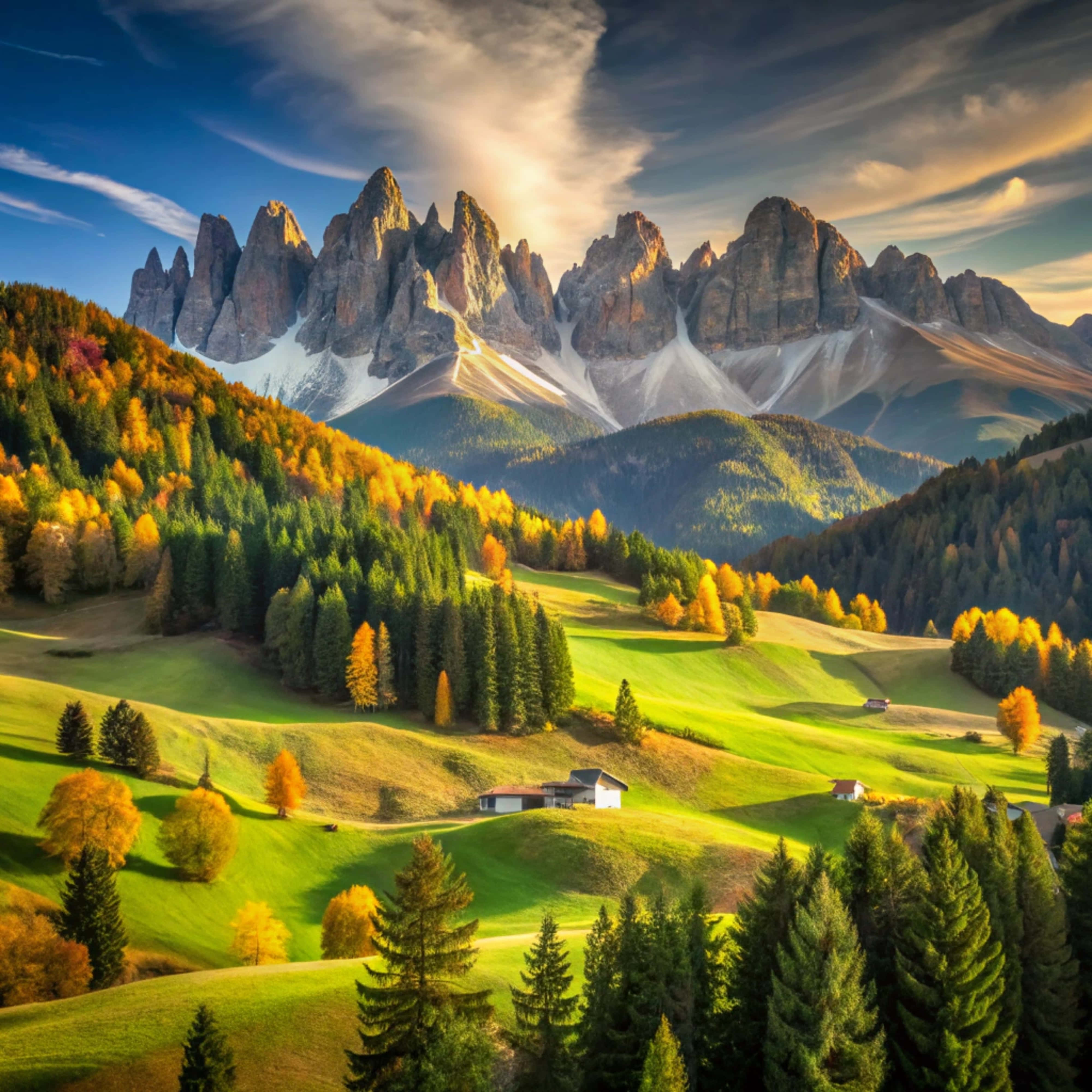 golden autumn trees, green meadows, jagged snow-dusted mountain peaks, 4K Desktop Wallpaper