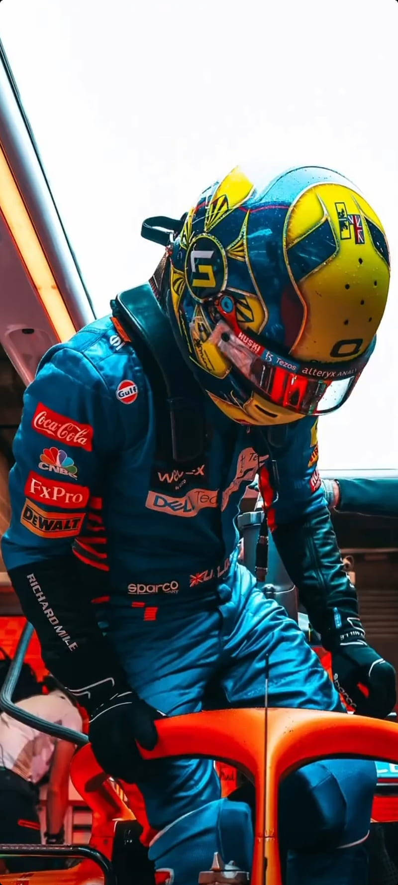 Lando Norris, blue racing suit, yellow helmet, HD Phone Wallpaper