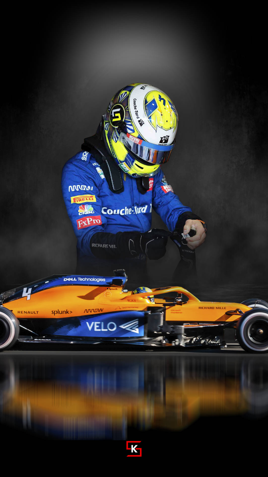 Lando Norris, orange and blue race car, blue gear, Full HD Phone Wallpaper