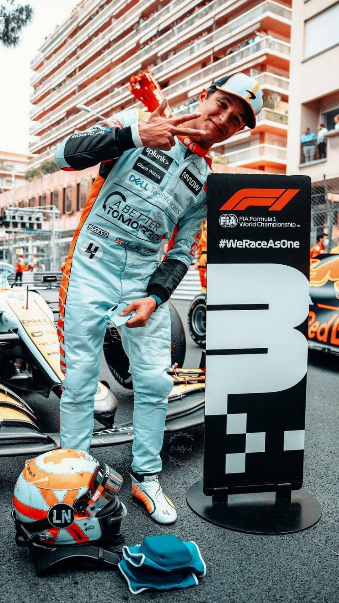 Lando Norris, light blue racing suit, peace sign, Full HD Phone Wallpaper