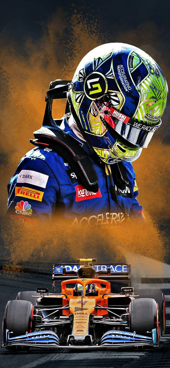 Lando Norris, blue and green helmet, orange dust, SD Phone Wallpaper