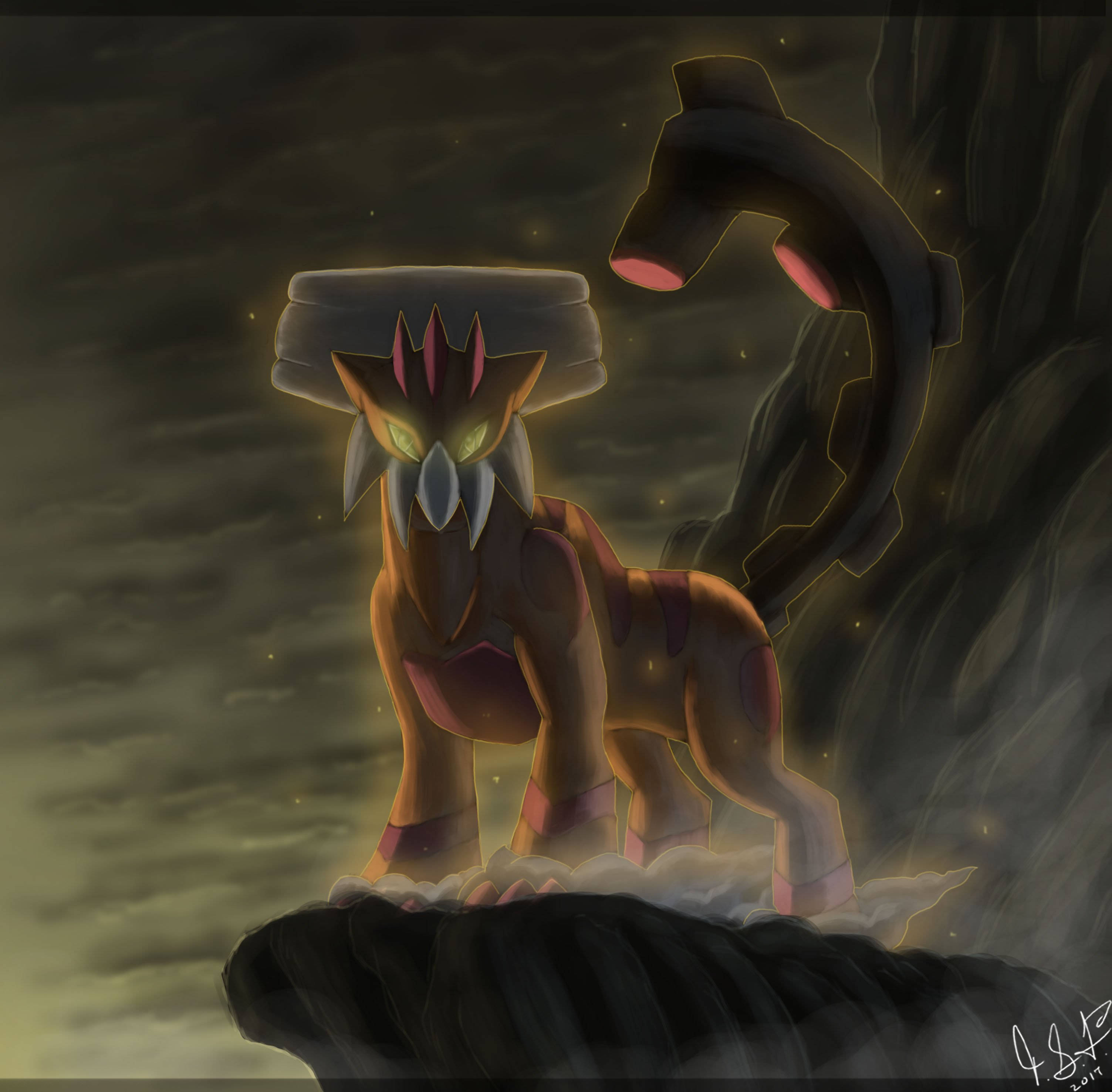 Landorus, glowing eyes, rocky cliff, 2K Desktop Wallpaper