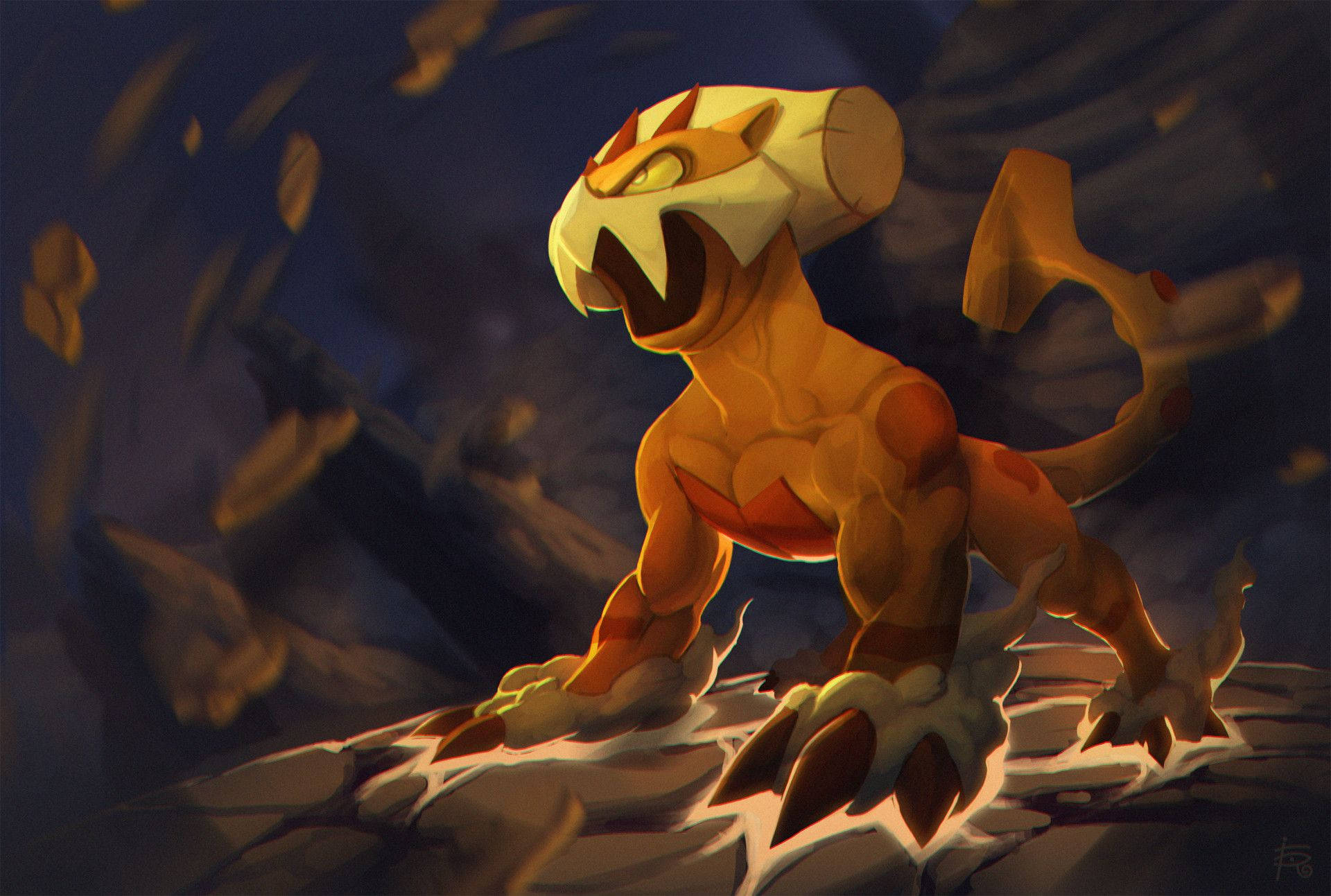 Landorus, fierce orange feline creature, jagged rocks, Full HD Desktop Wallpaper