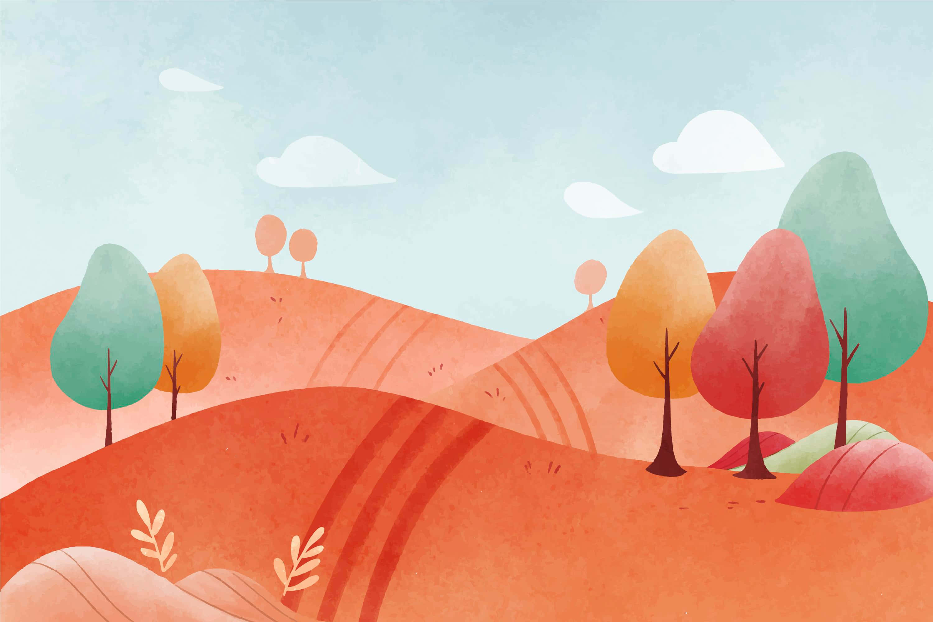 Pastel Hills Landscape Mural, orange hills, stylized trees, 2K Desktop Wallpaper