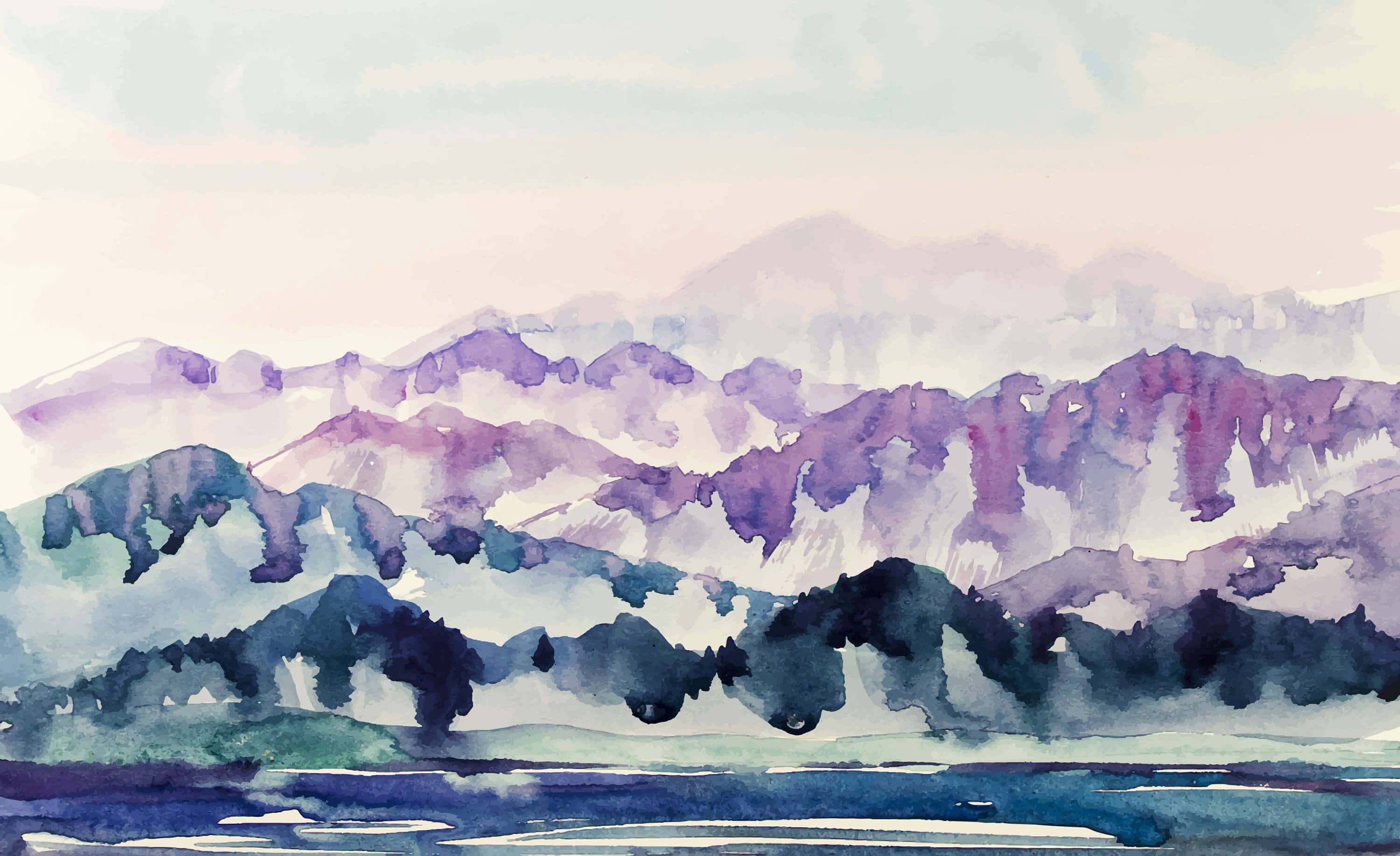 misty mountain, watercolor, purple blue, 2K Desktop Wallpaper