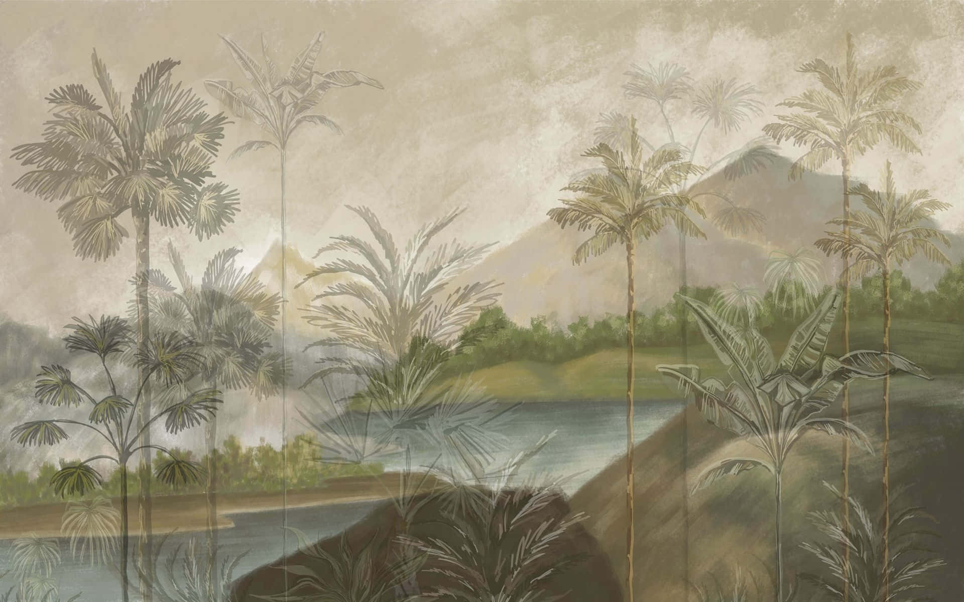tropical landscape mural, palms, mountain, Full HD Desktop Wallpaper