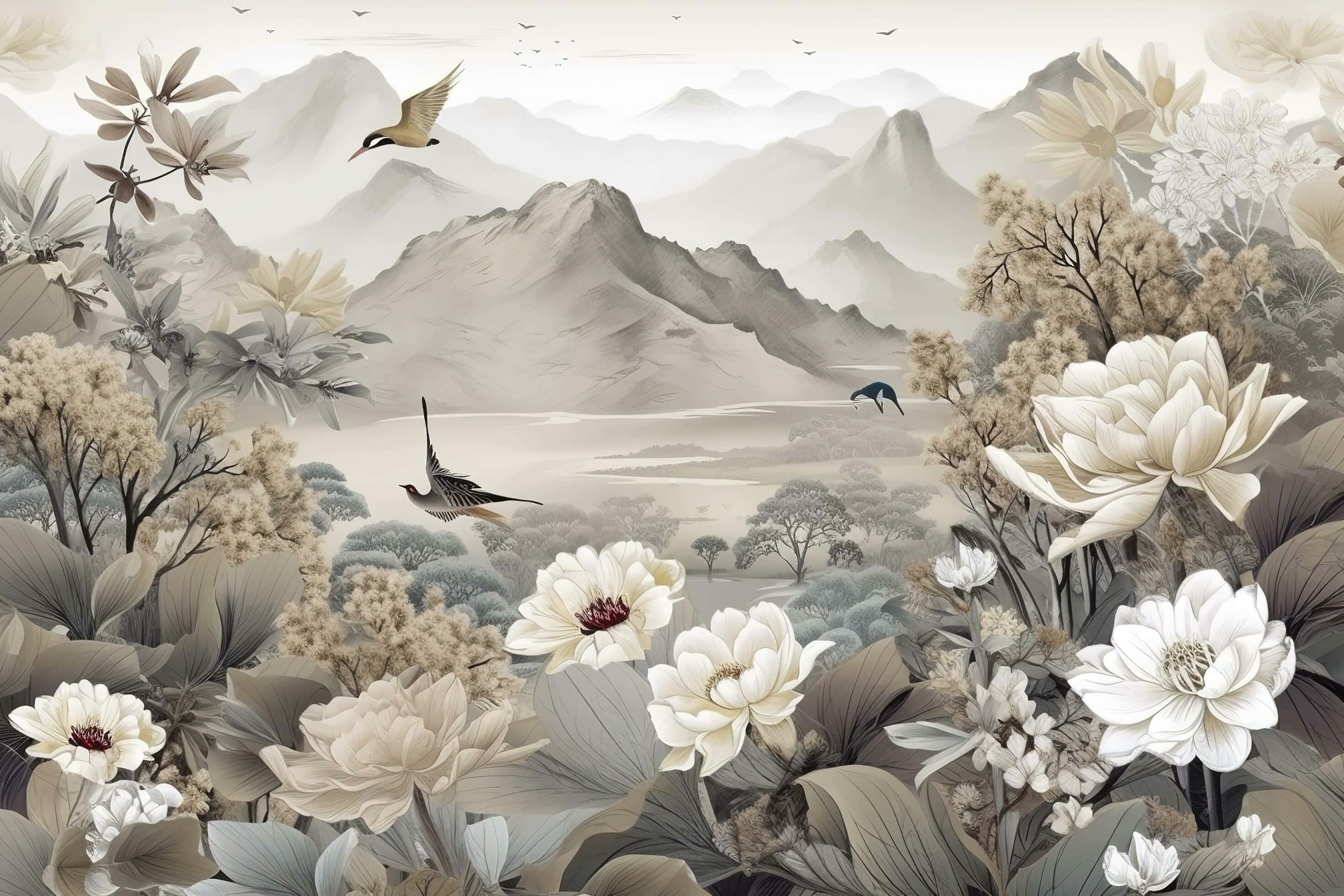 Serene Monochrome Floral Landscape, misty mountains, birds, 2K Desktop Wallpaper