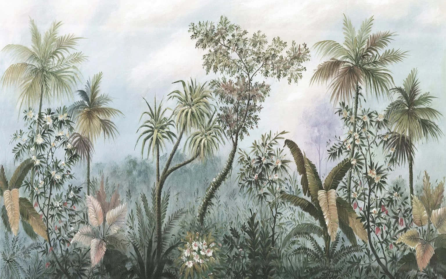 tropical foliage mural painting, palm trees, ferns, HD Desktop Wallpaper