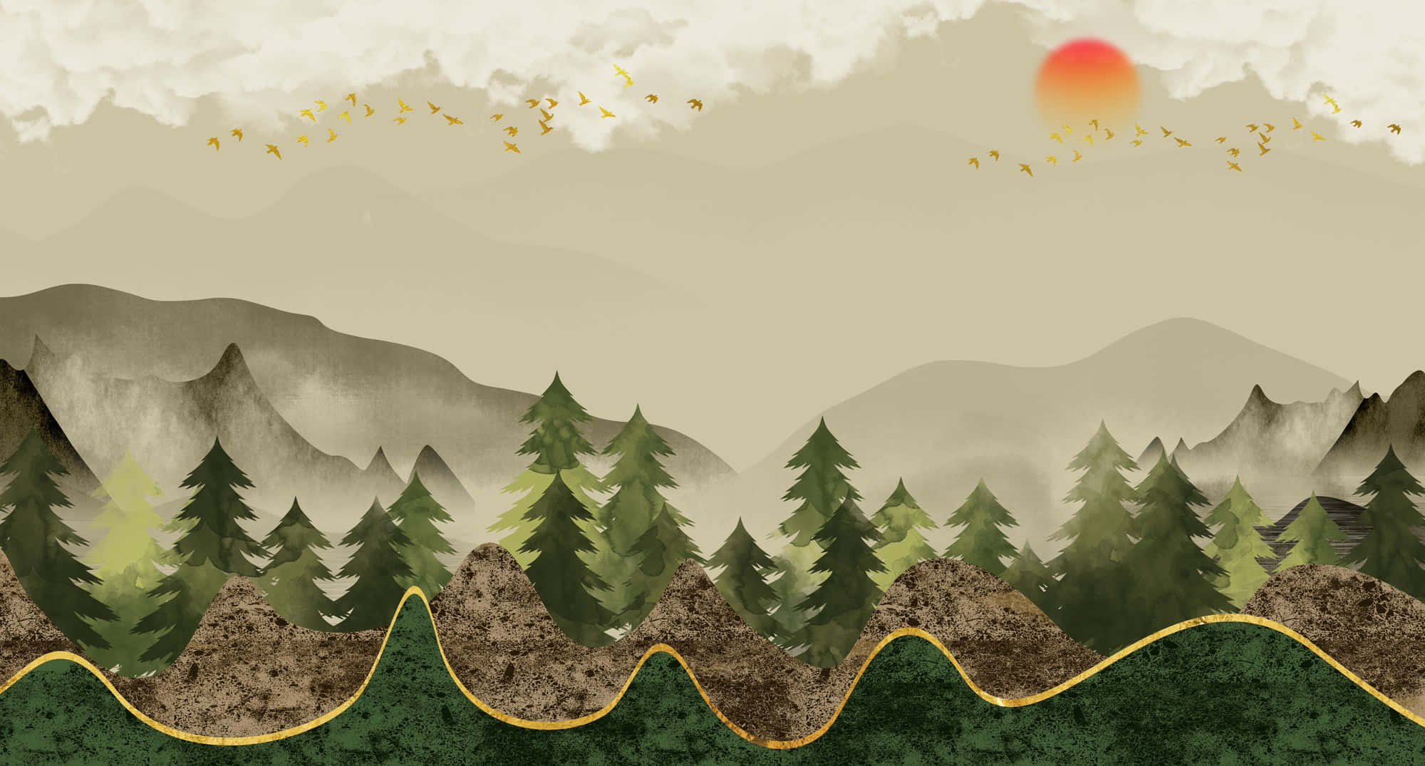 Misty Mountain Sunrise Mural, golden birds, evergreen trees, Full HD Desktop Wallpaper