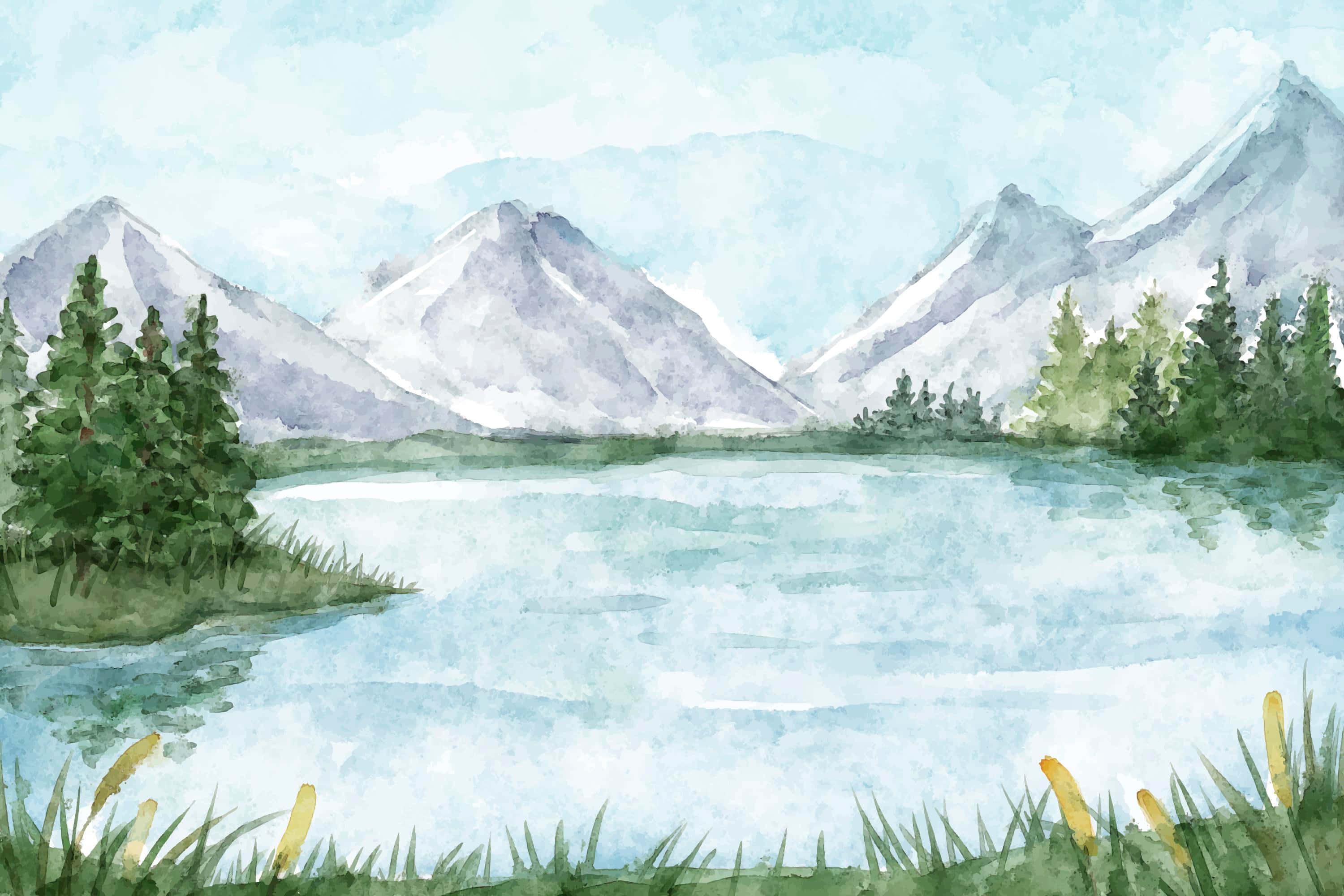 serene mountain lake watercolor, calm lake, evergreen trees, 2K Desktop Wallpaper