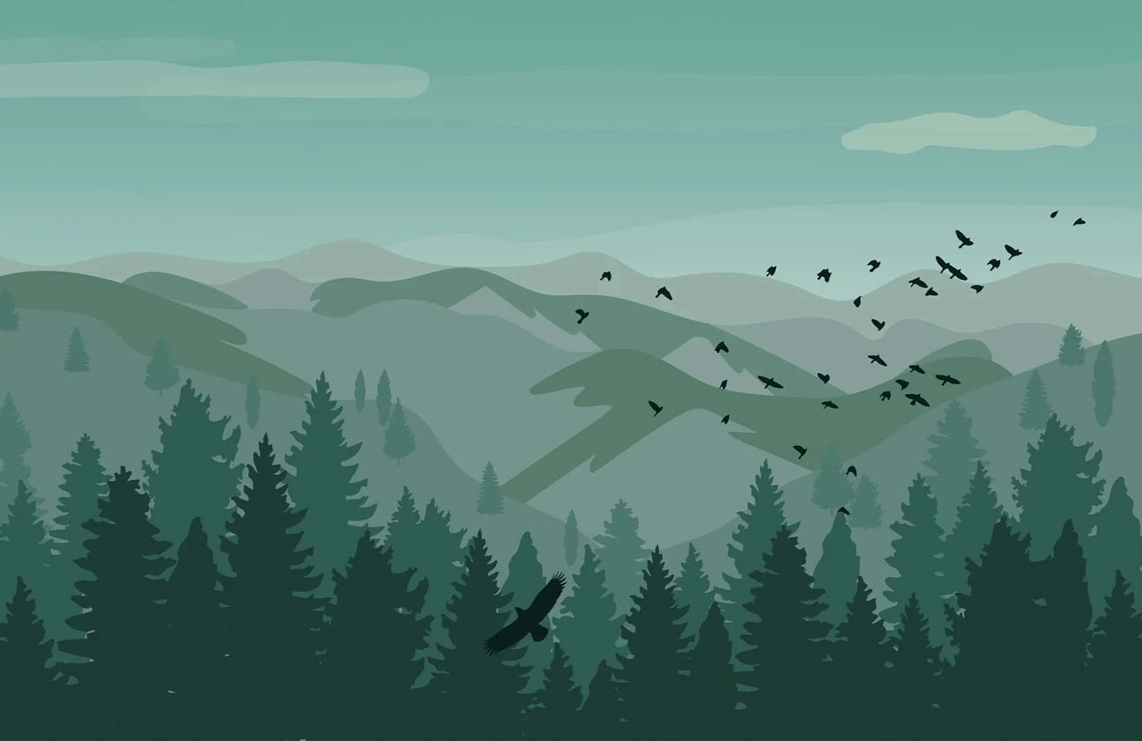 misty forest mountain landscape, evergreen forests, flock of birds flying, HD Desktop Wallpaper