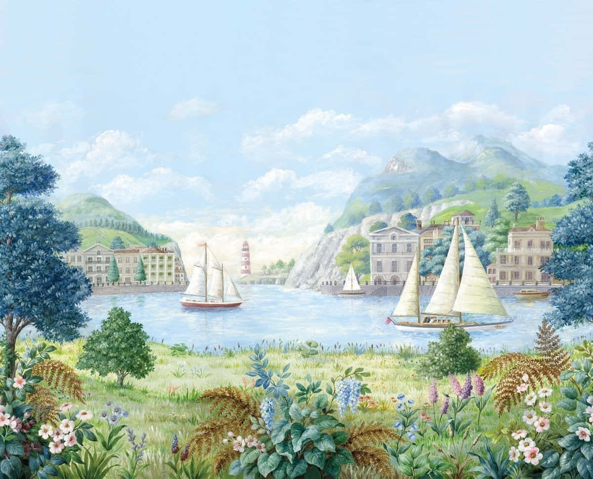 Idyllic Lakeside Town Mural, lakeside scene, sailboats, SD Desktop Wallpaper