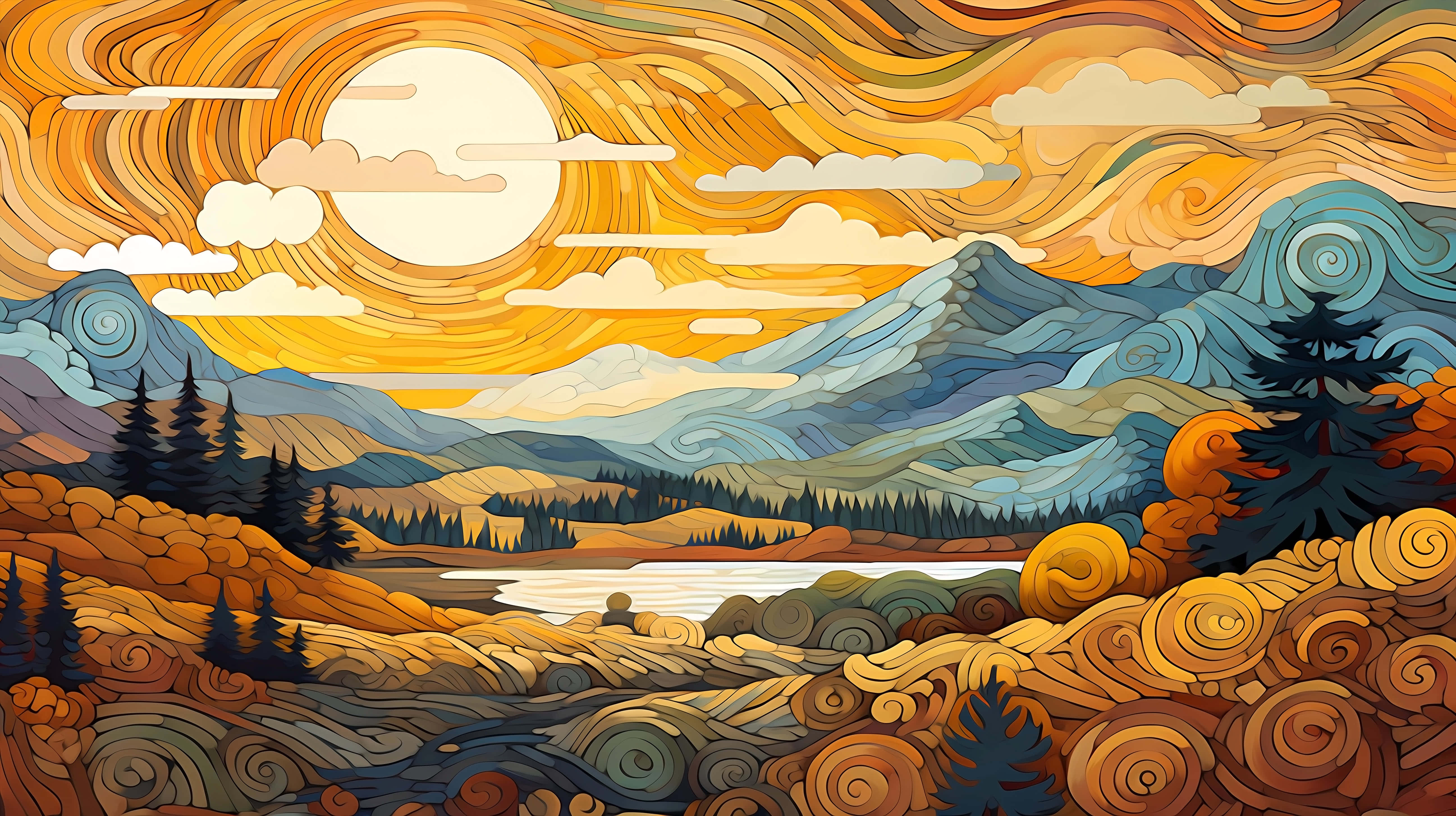sunset mountain landscape, vibrant orange sun, layered cloud patterns, 5K Desktop Wallpaper