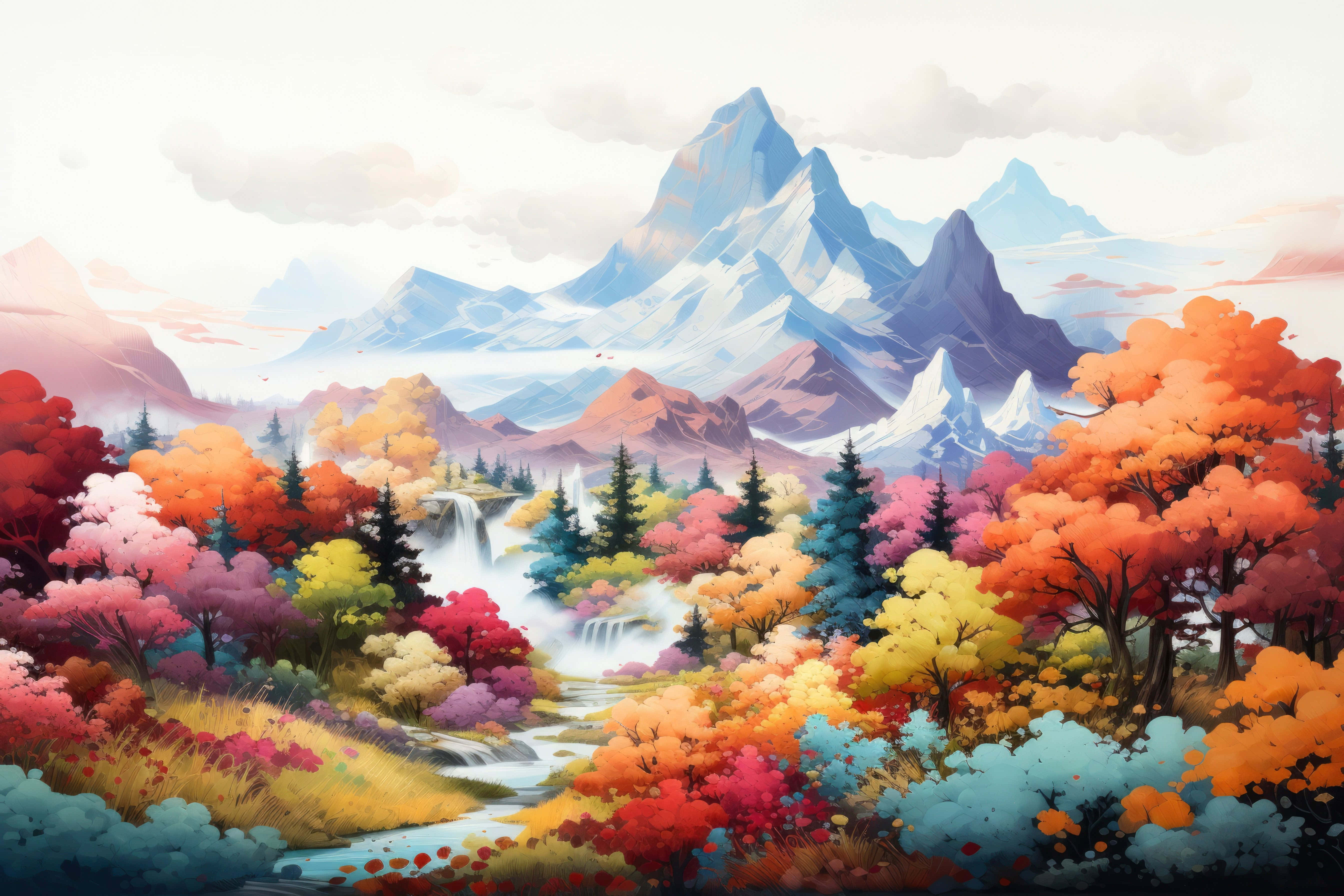 enchanted autumn valley mural, autumn forest, multicolored trees, 5K Desktop Wallpaper