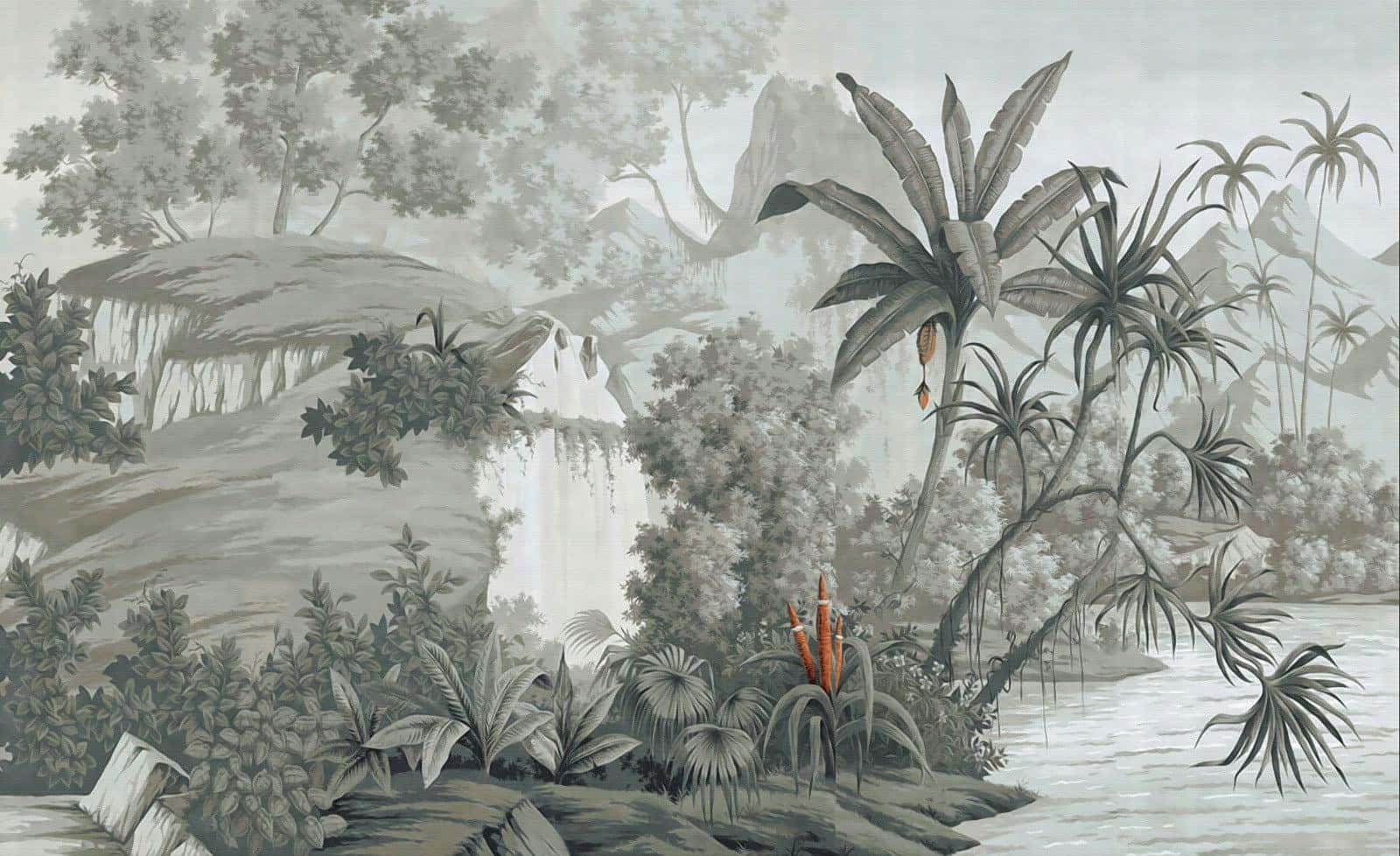 tropical waterfall, greyscale mural, misty monochromatic jungle, HD Desktop Wallpaper