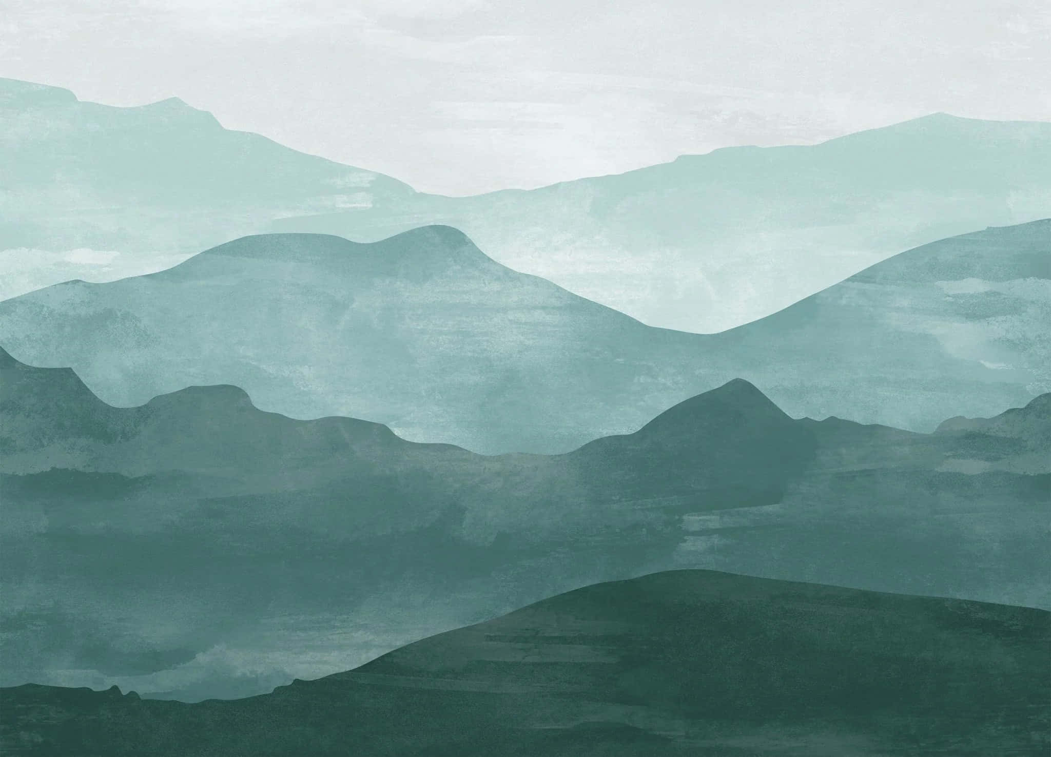 misty mountain range, soft gray sky, muted teal watercolor wash, Full HD Desktop Wallpaper
