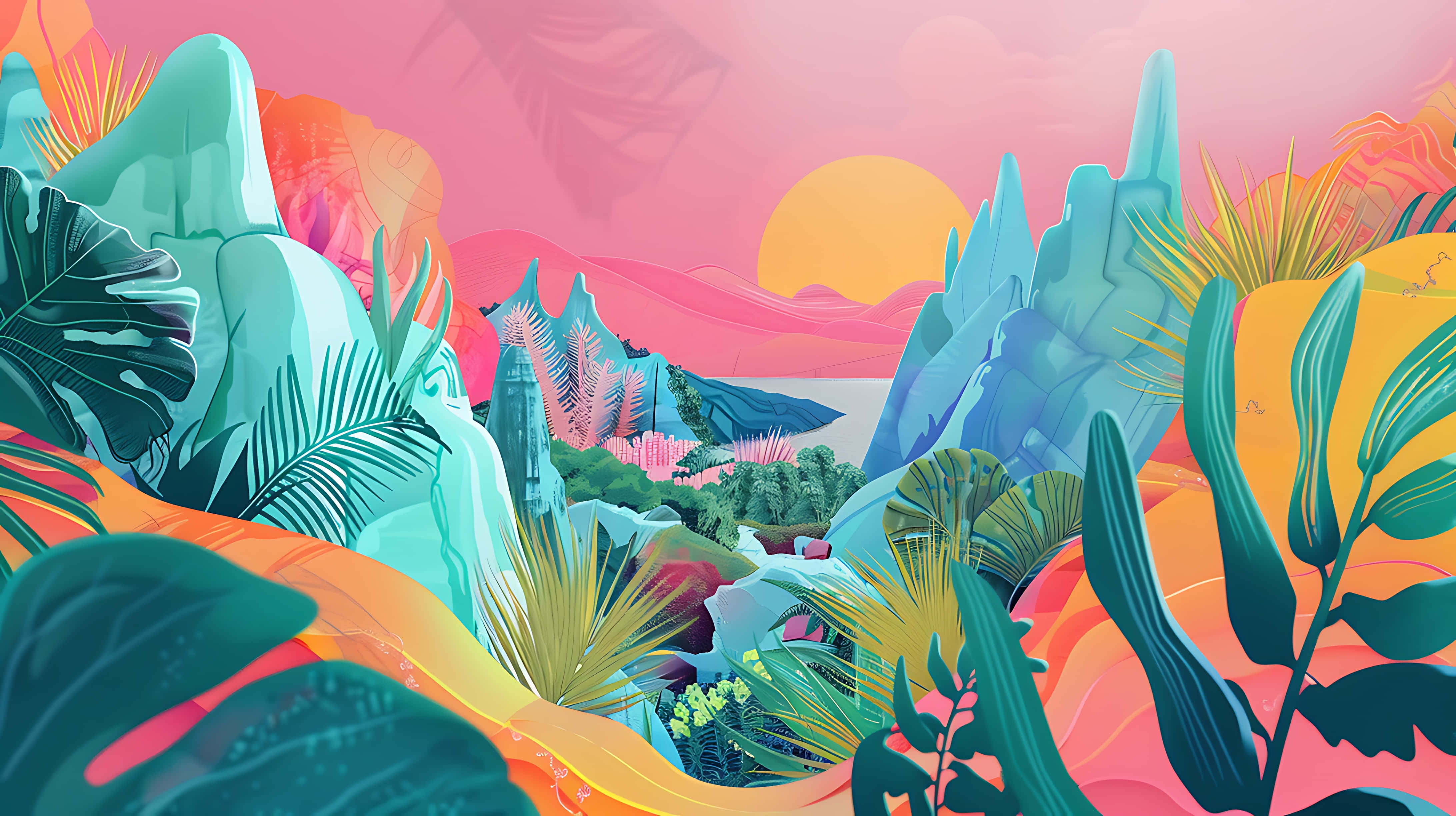 Vibrant_ Tropical_ Landscape_ Mural, neon jungle, glowing pink orange and teal mountains, 4K Desktop Wallpaper