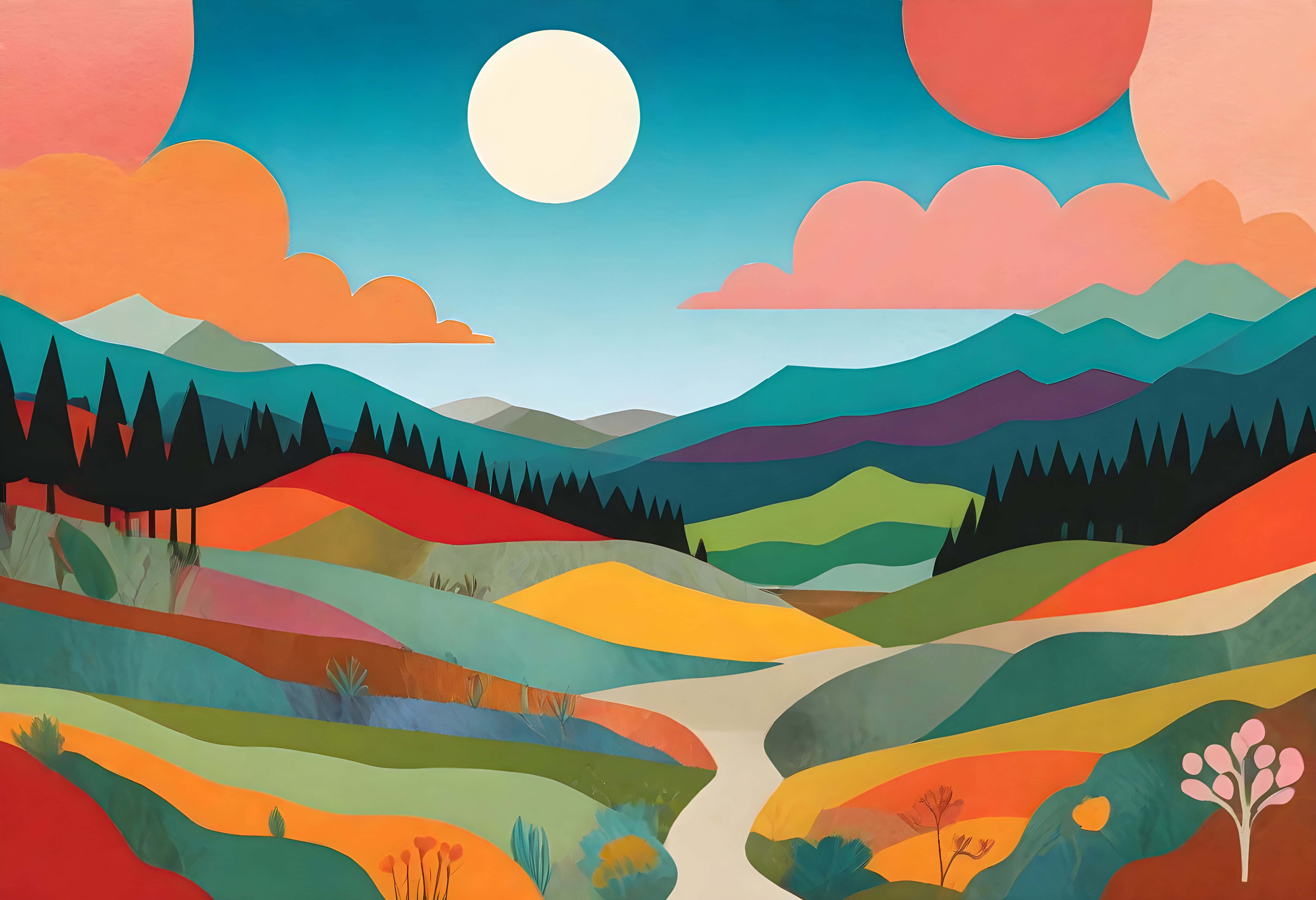 Colorful Hills and Mountains Landscape Mural, rolling hills, forests, 4K Desktop Wallpaper
