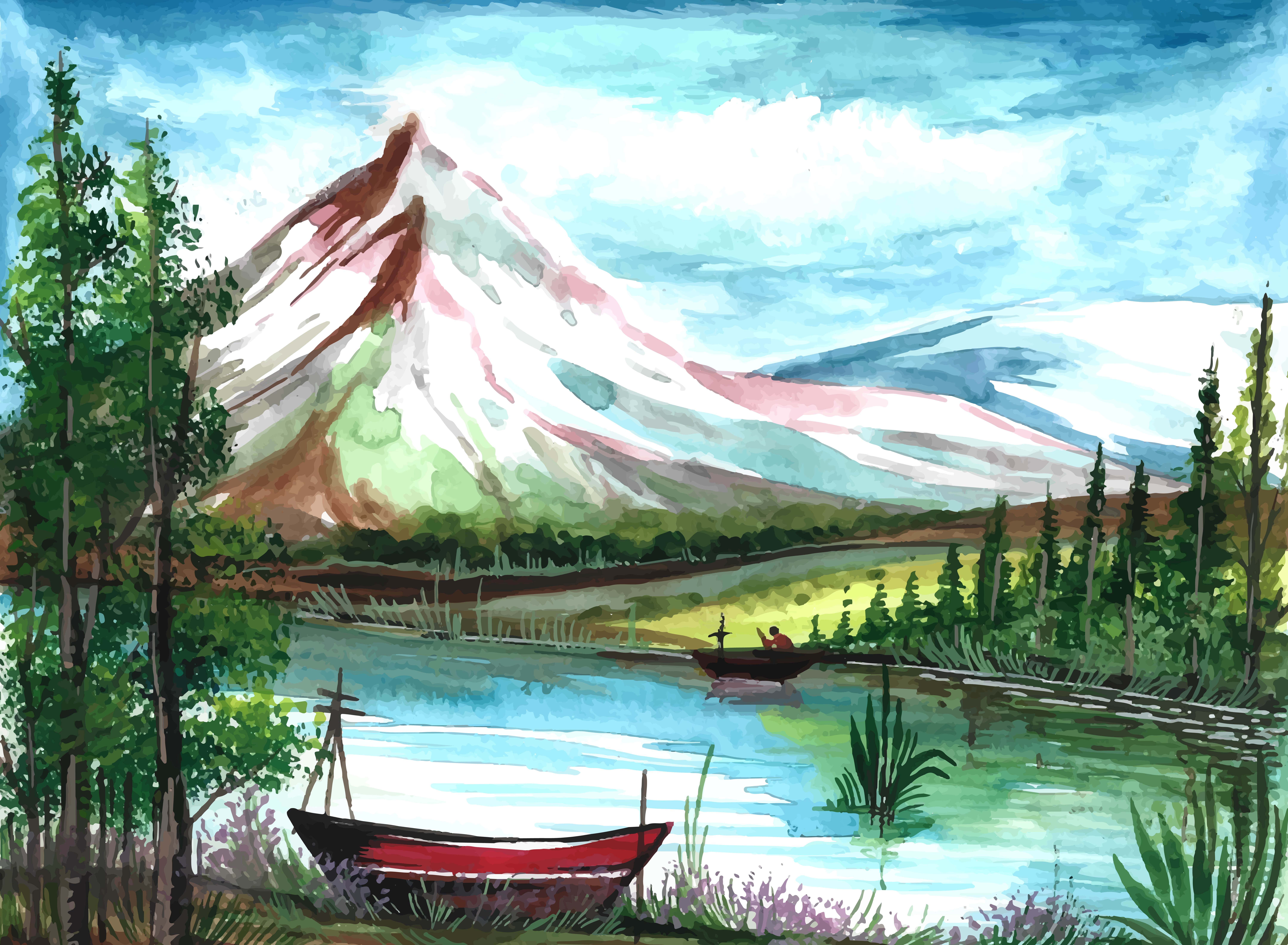 serene mountain lake landscape mural, red boat, calm lake, 8K Desktop Wallpaper