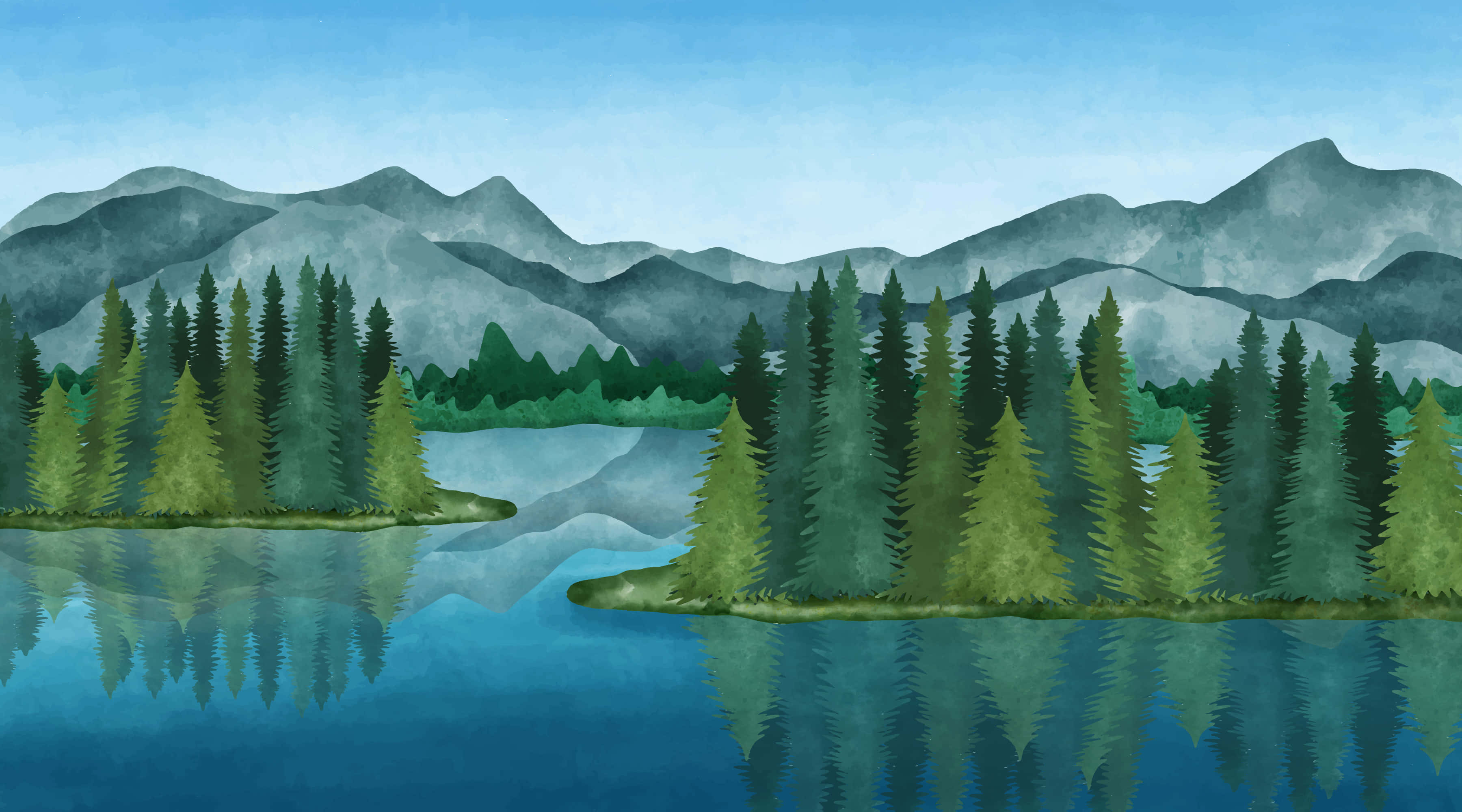 serene lake mountain forest mural, calm blue lake, evergreen trees, 2K Desktop Wallpaper