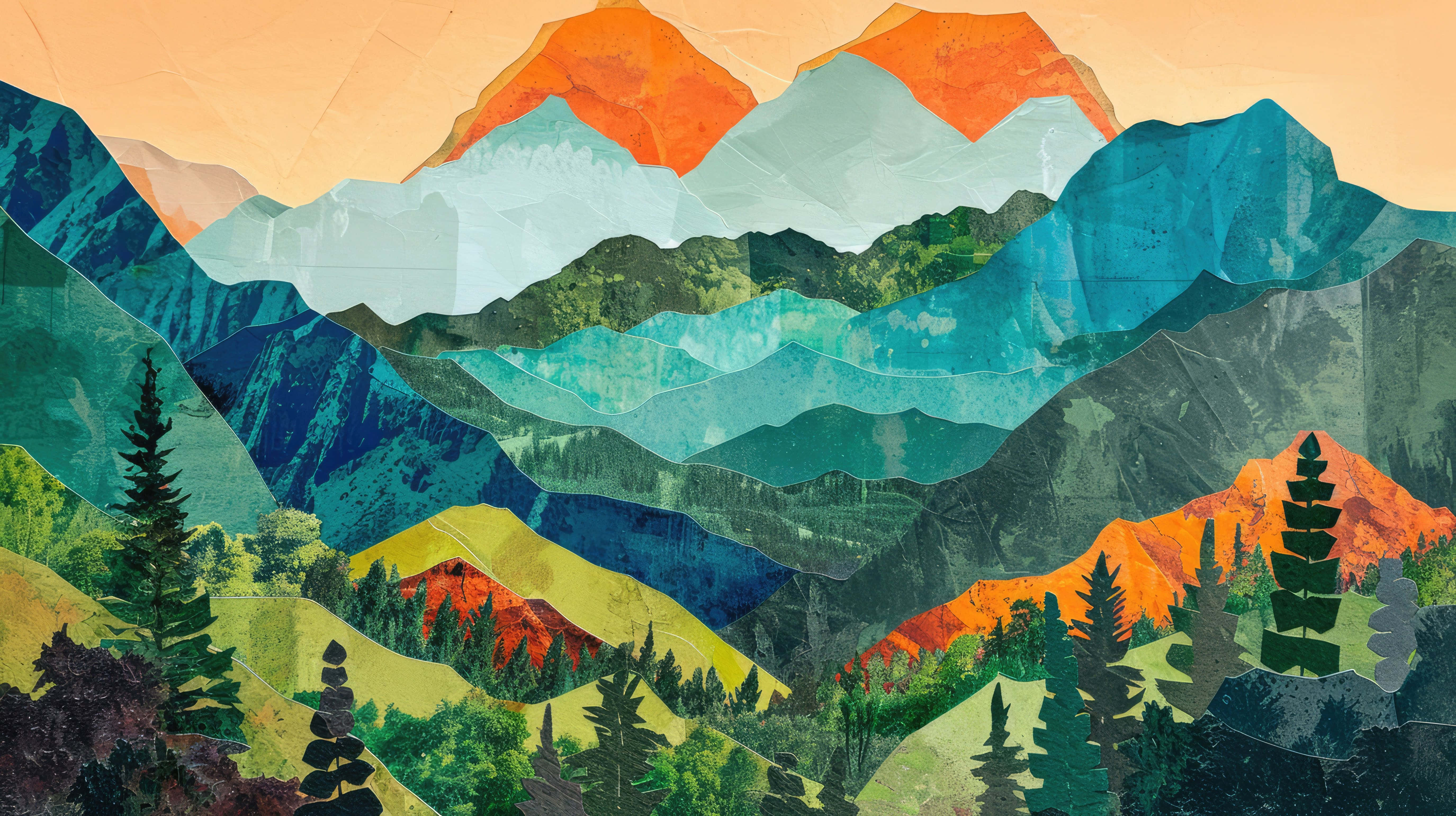 colorful abstract mountain landscape, orange, teal, 5K Desktop Wallpaper