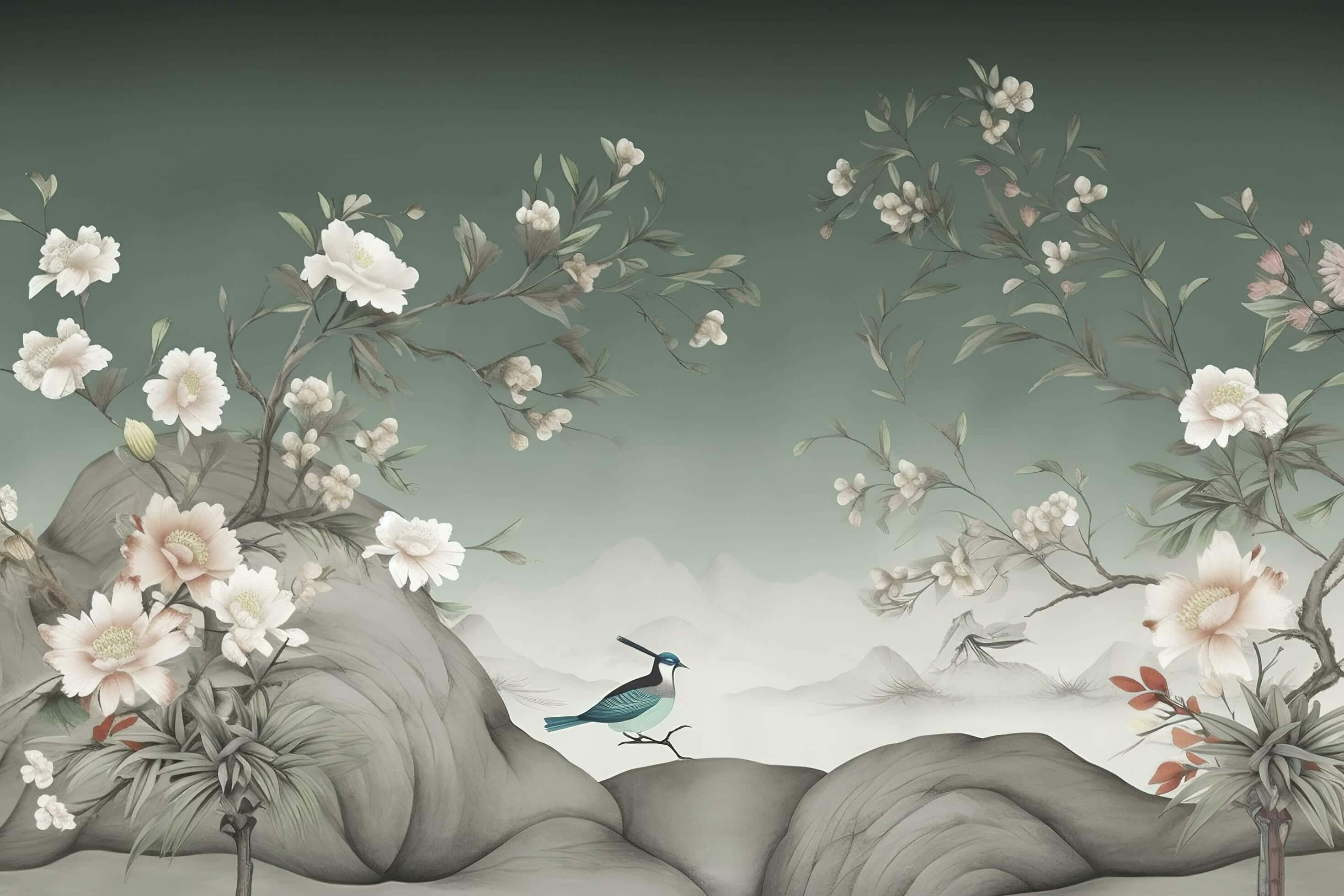 tranquil floral landscape mural, ink wash painting, small blue bird, 2K Desktop Wallpaper