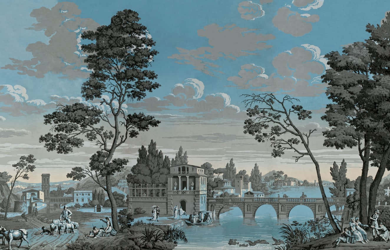 classical riverbank scene mural, stone bridge, water, HD Desktop Wallpaper