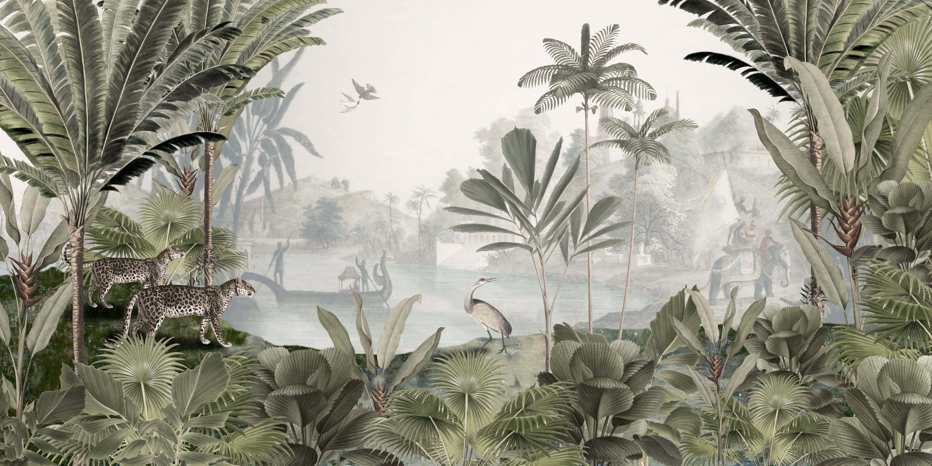 tropical jungle mural, leopards, heron, 2K Desktop Wallpaper