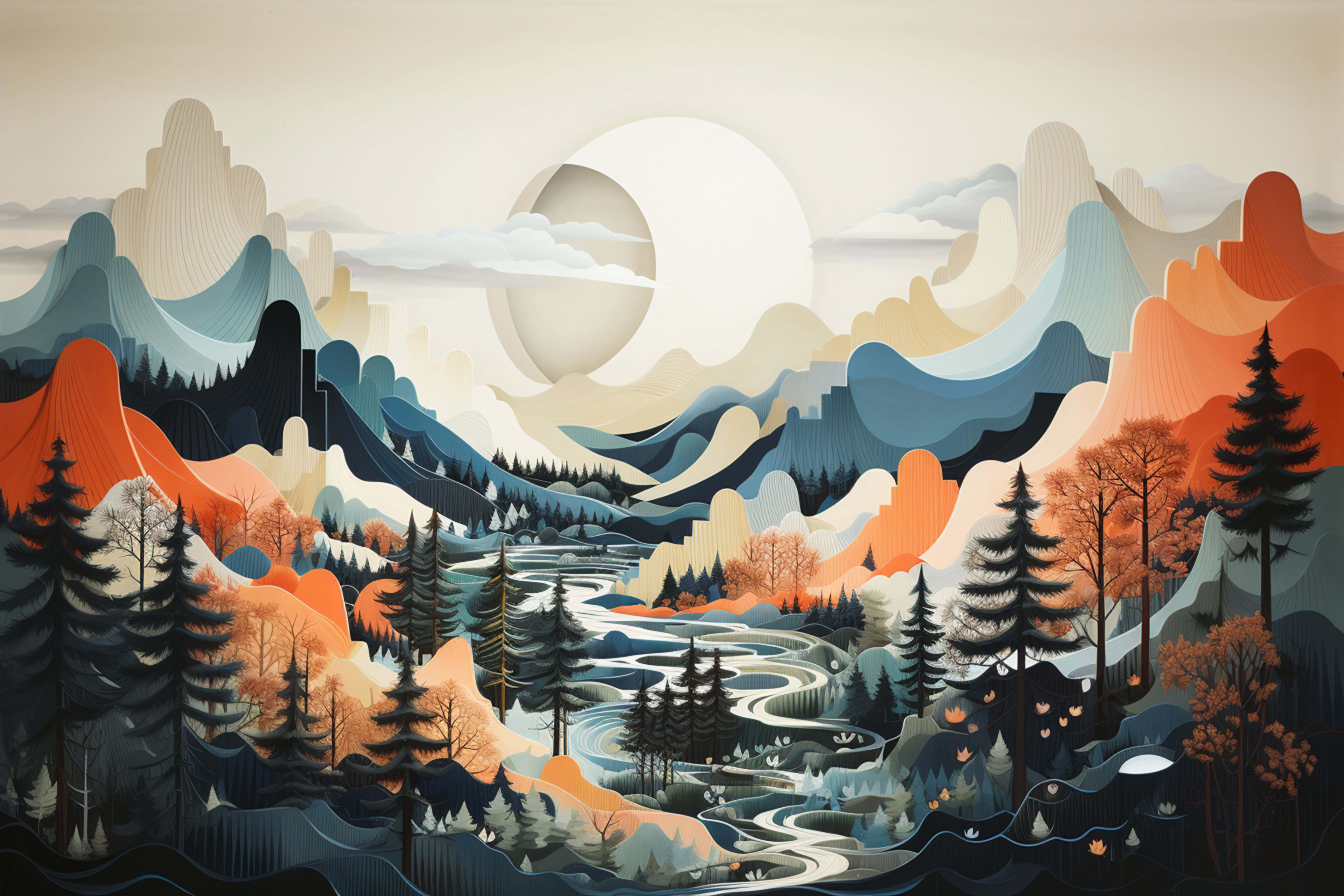 serene river valley mural, mountain valley, winding river, 5K Desktop Wallpaper