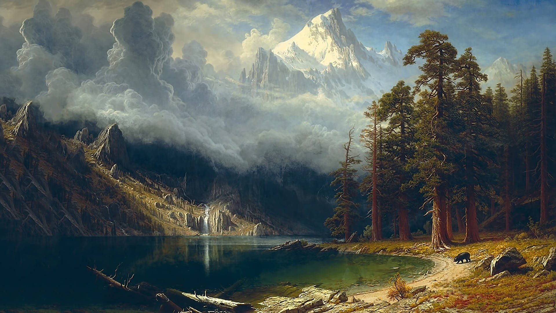 majestic snowcapped mountain, misty lake, towering pine trees, Full HD Desktop Wallpaper