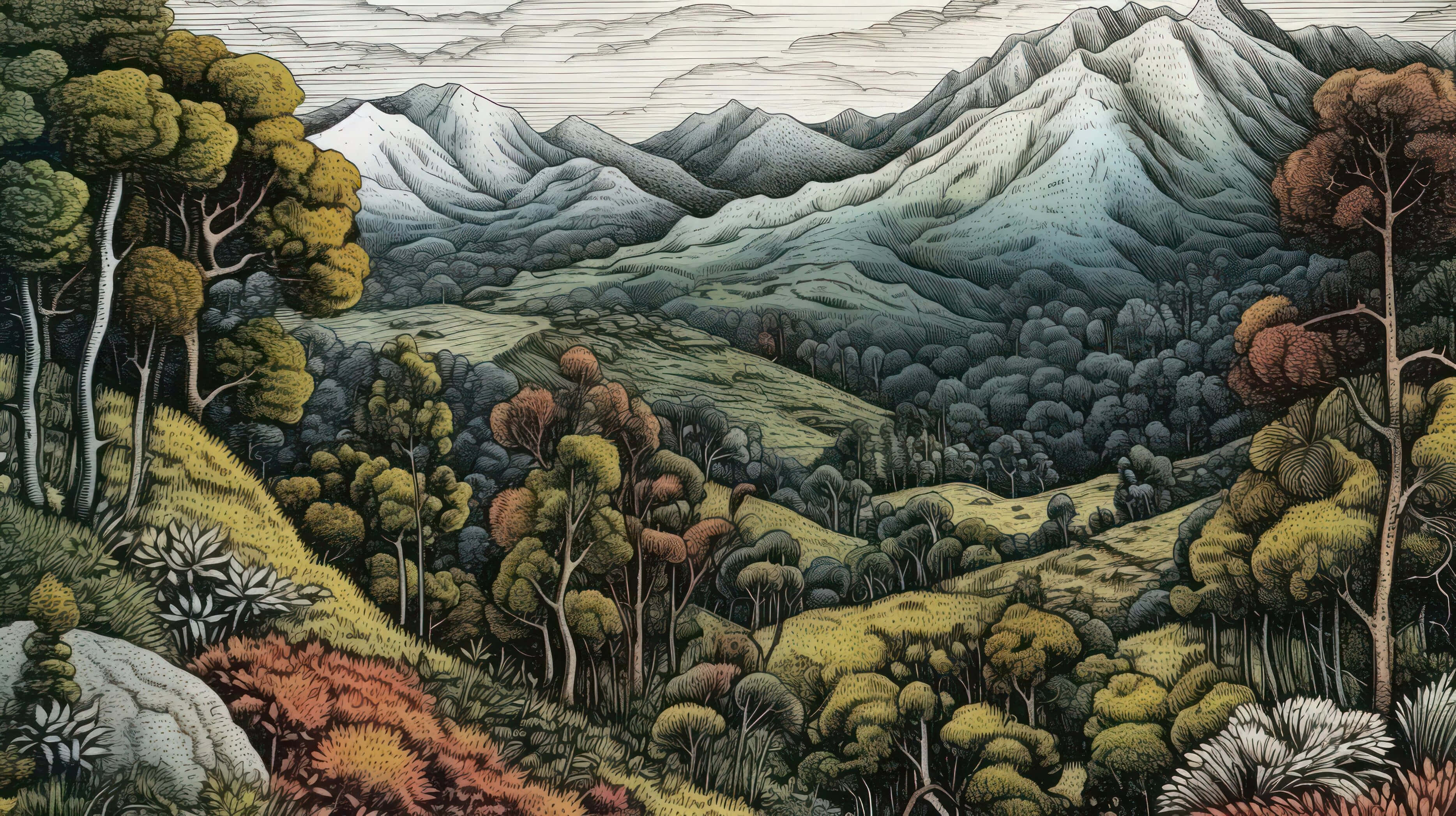 enchanted forest, mountain view, rolling hills, 2K Desktop Wallpaper