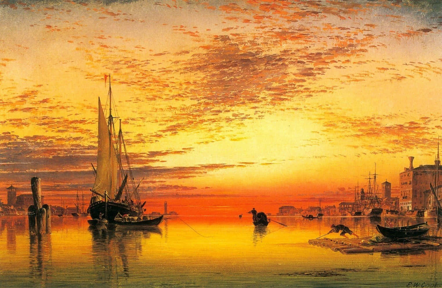 oil painting, sunset, harbor, HD Desktop Wallpaper