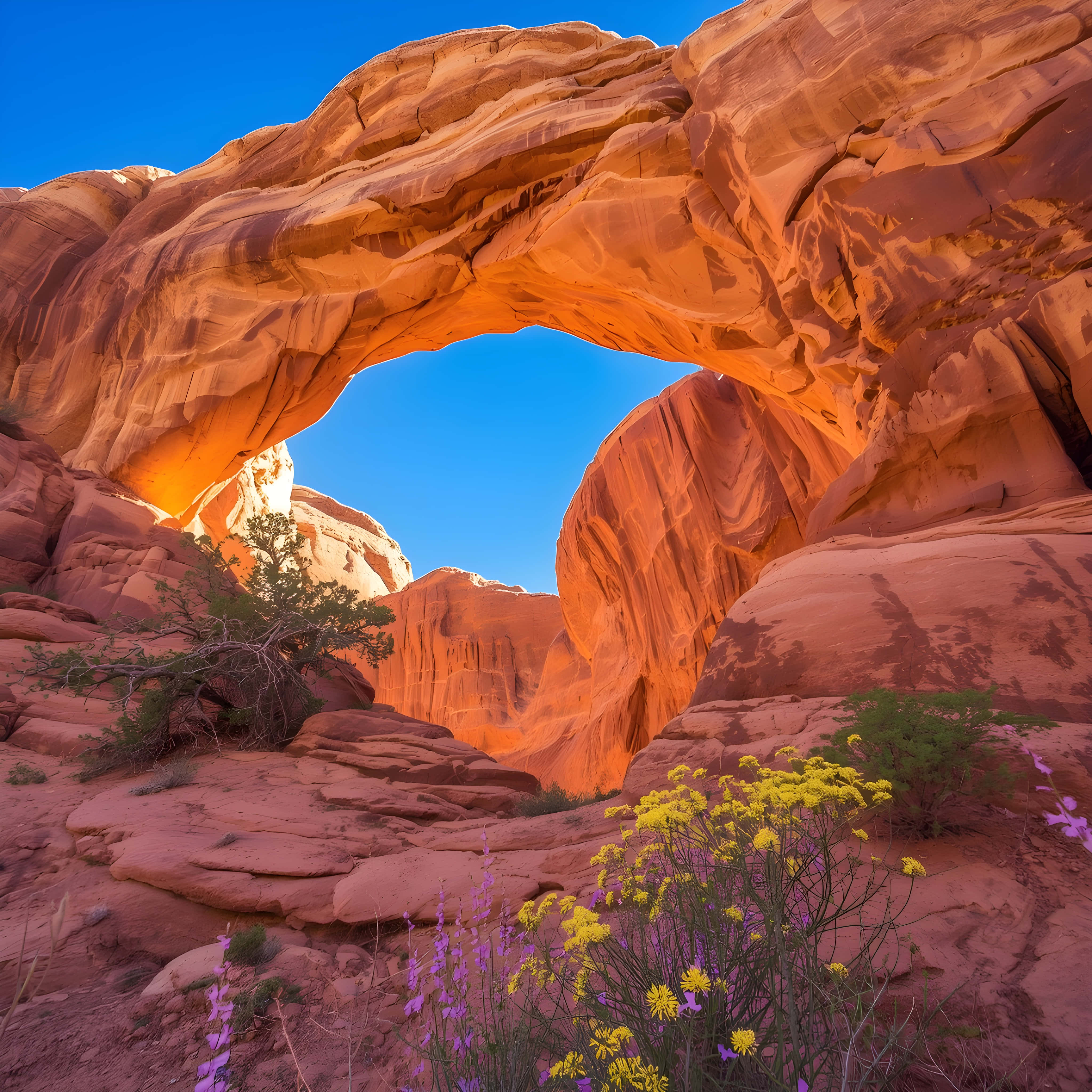 orange sandstone arch, clear blue sky, vibrant yellow wildflowers, 4K Desktop Wallpaper