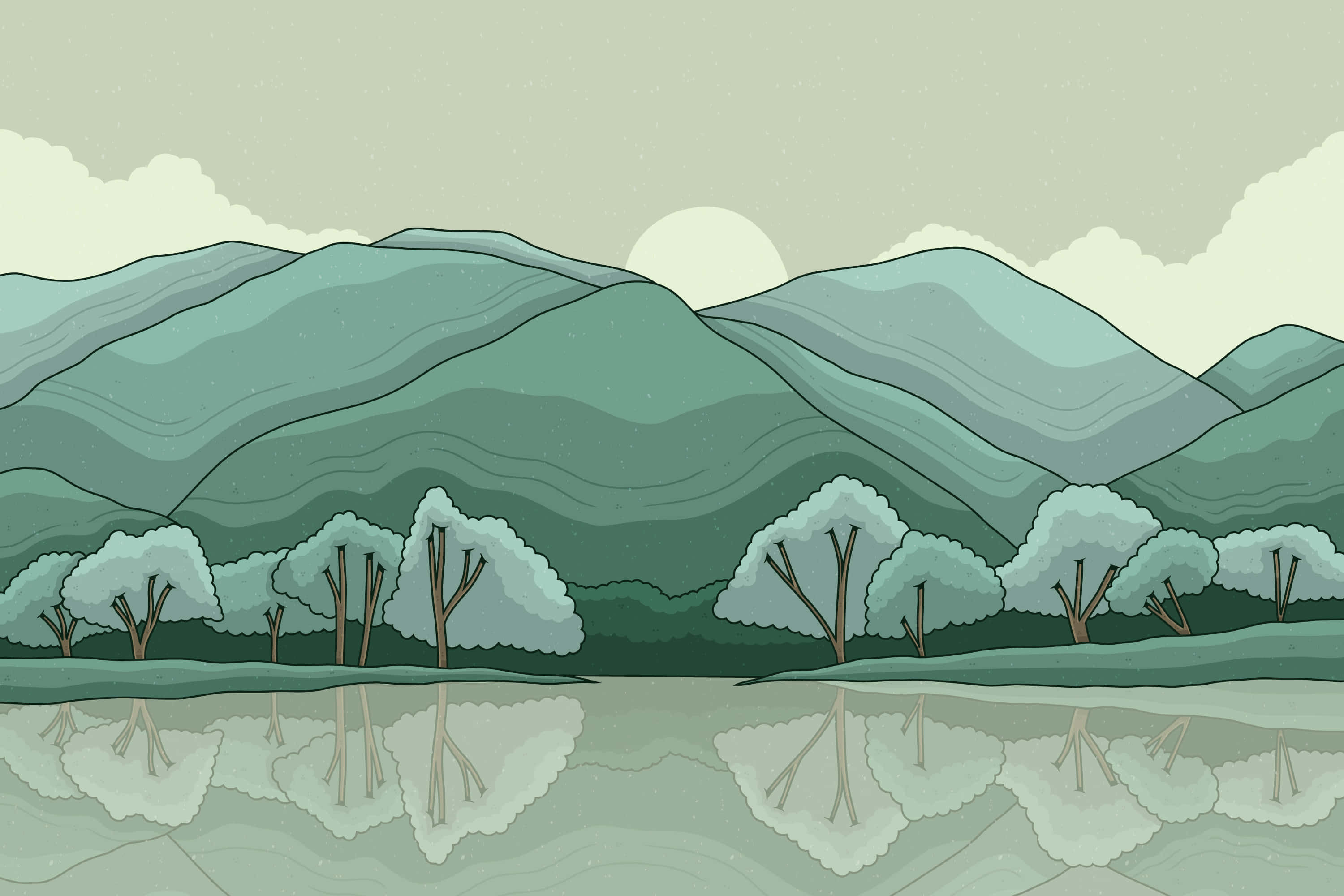 tranquil mountain lake reflection, layered green mountains, calm water, 2K Desktop Wallpaper